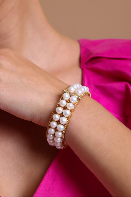 Çift Sıra Doğal İnci Kelepçe Bileklik