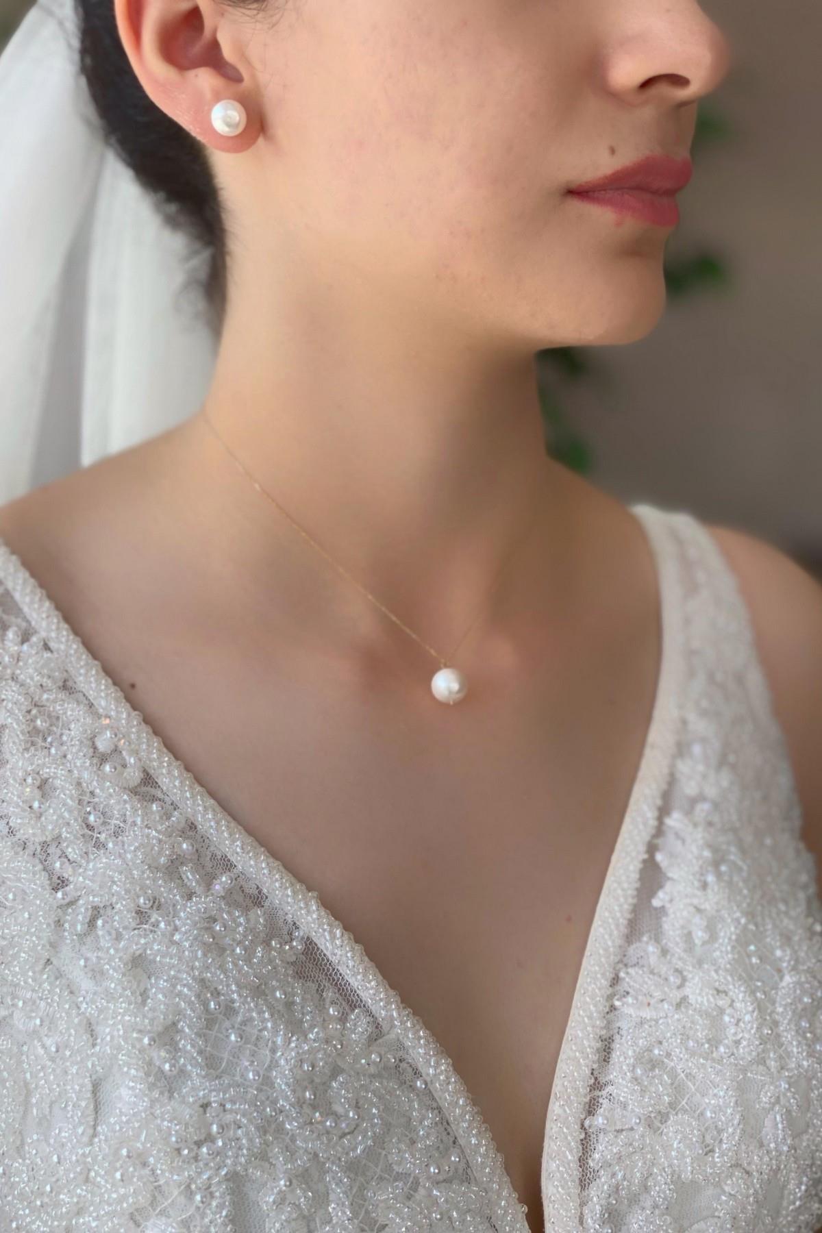 Doğal İnci Küpe Kolye İkili Set