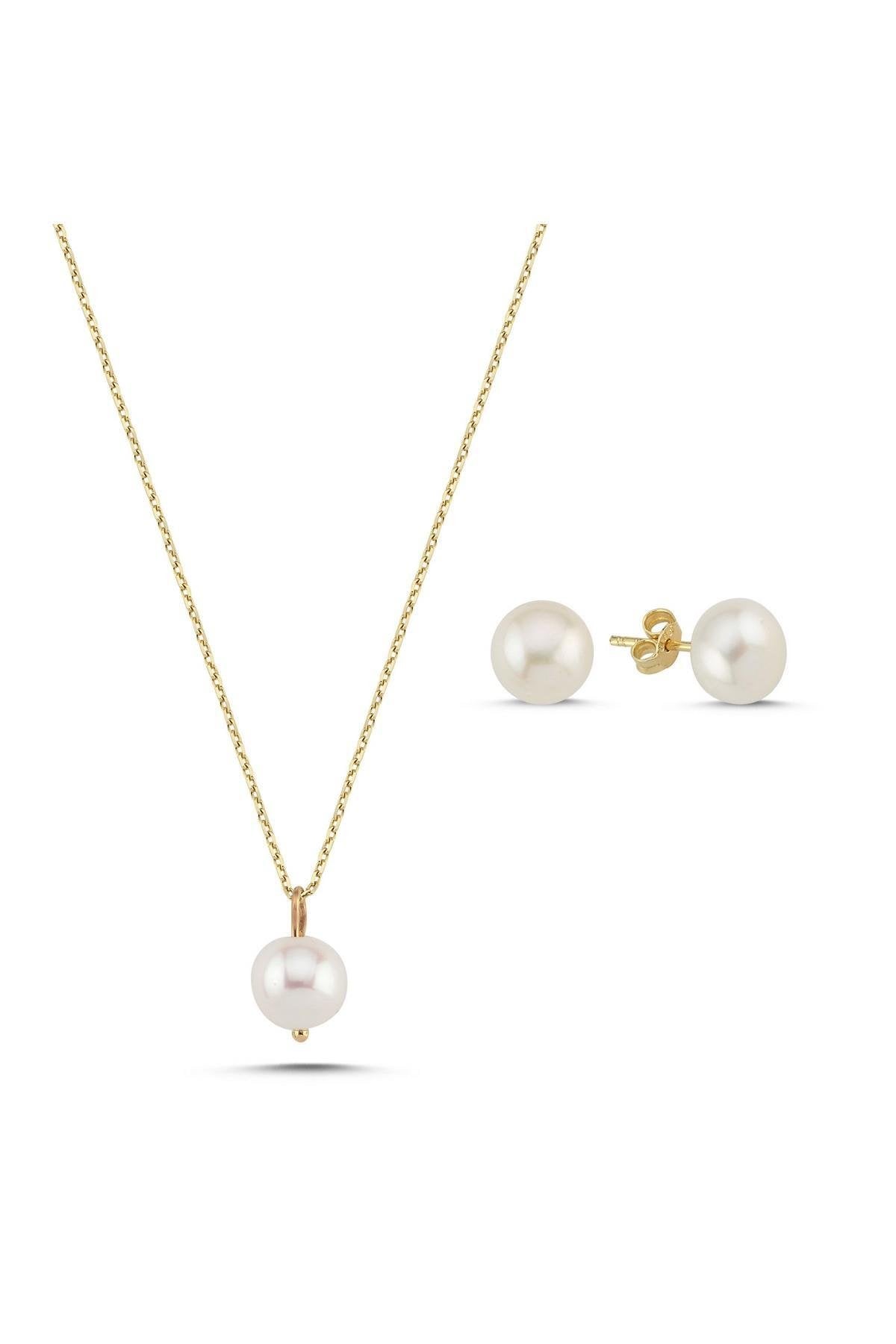 Doğal İnci Küpe Kolye İkili Set