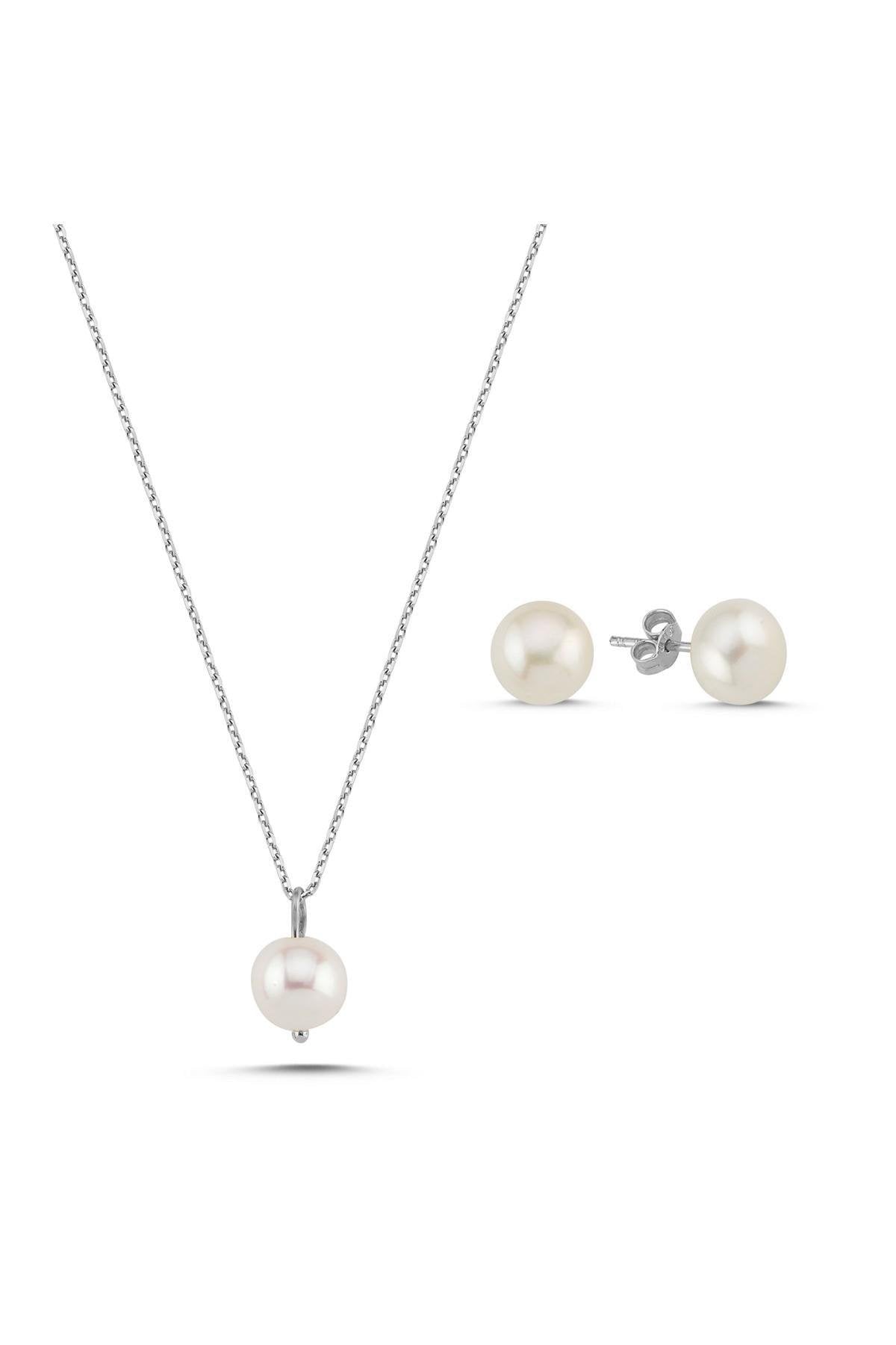 Doğal İnci Küpe Kolye İkili Set