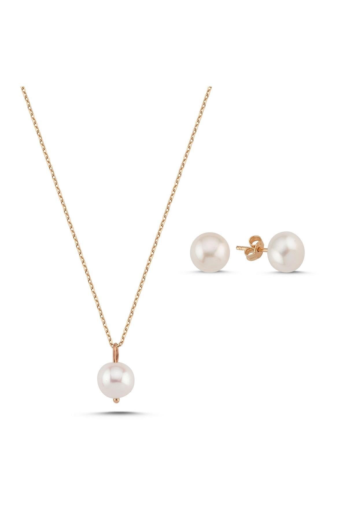 Doğal İnci Küpe Kolye İkili Set