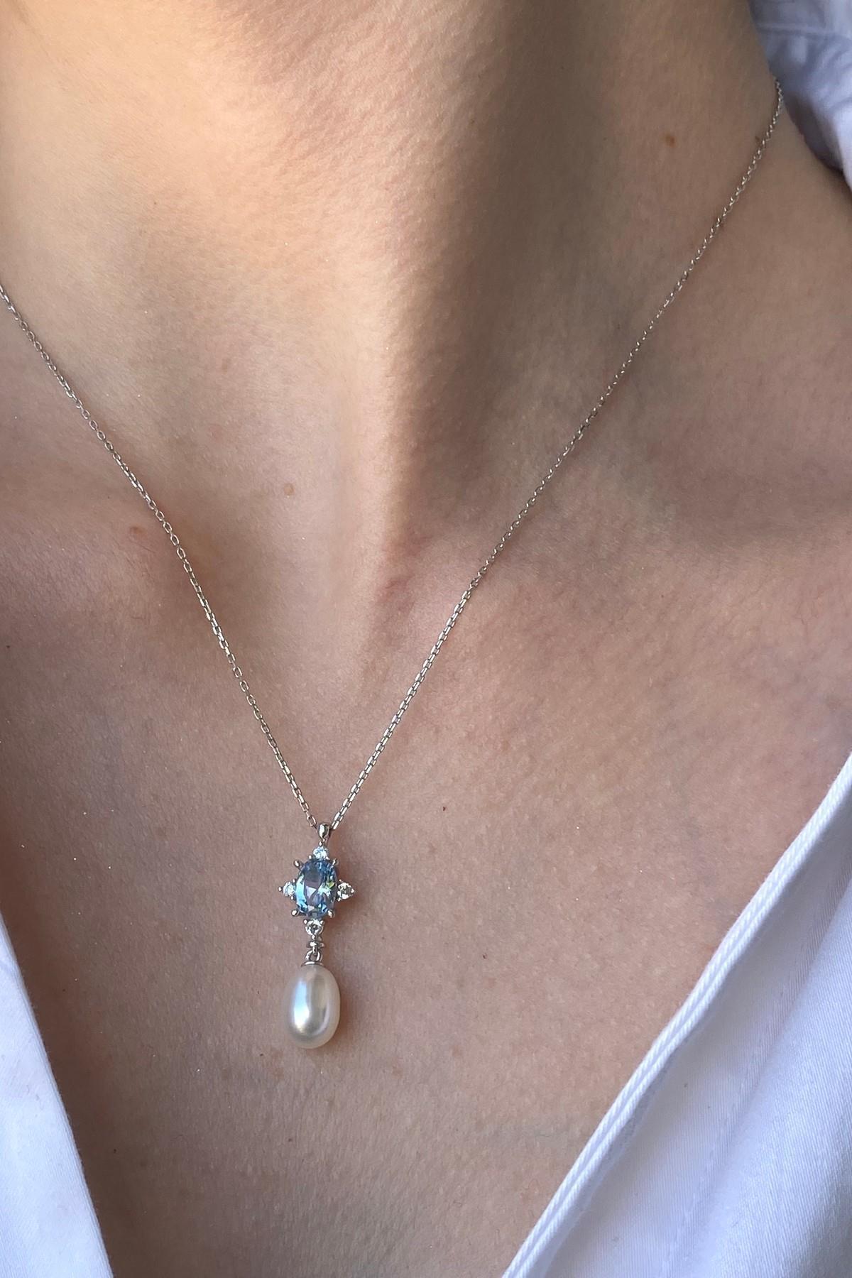 Mavi Taşlı Doğal İnci Kolye