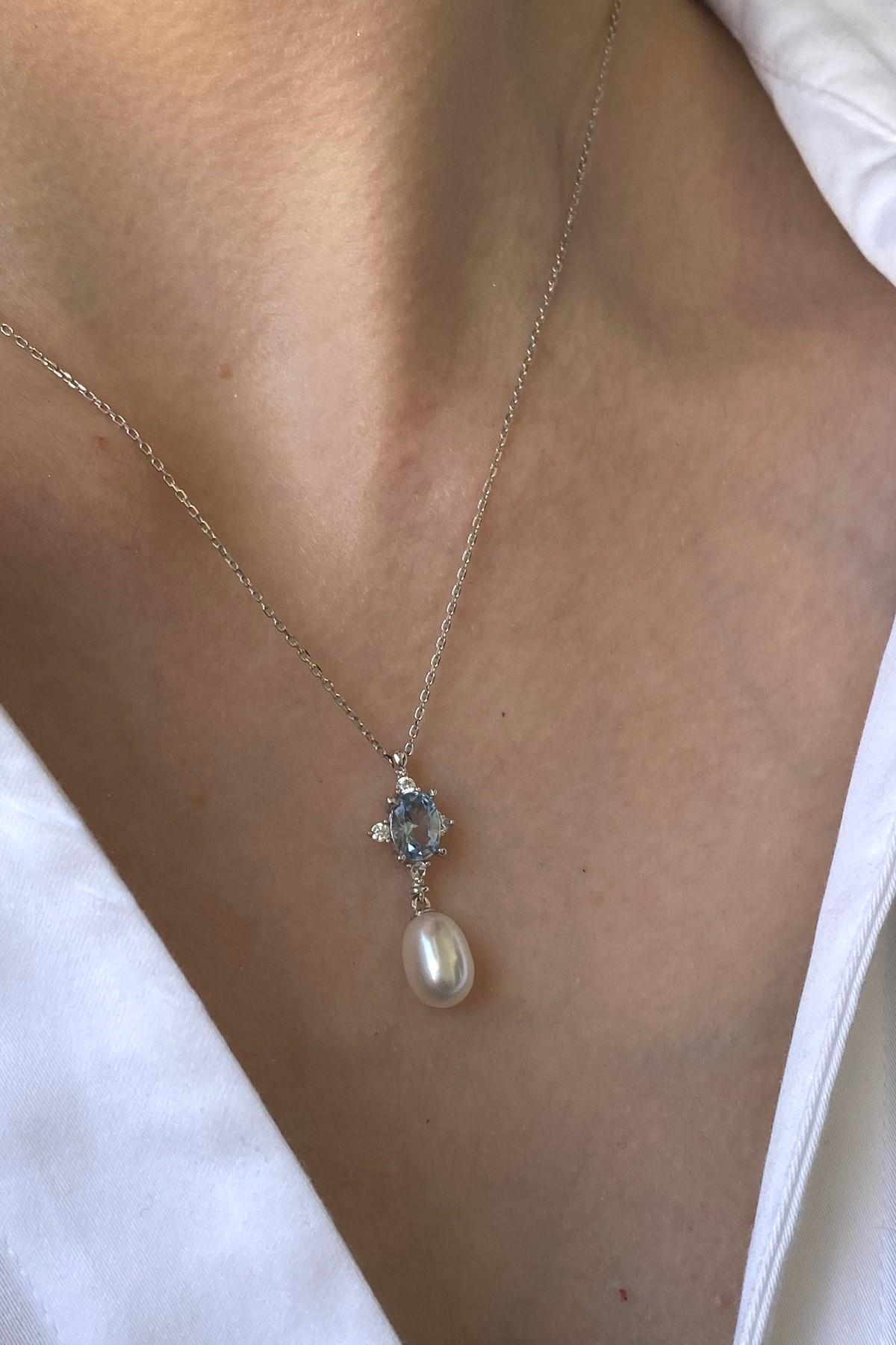 Mavi Taşlı Doğal İnci Kolye