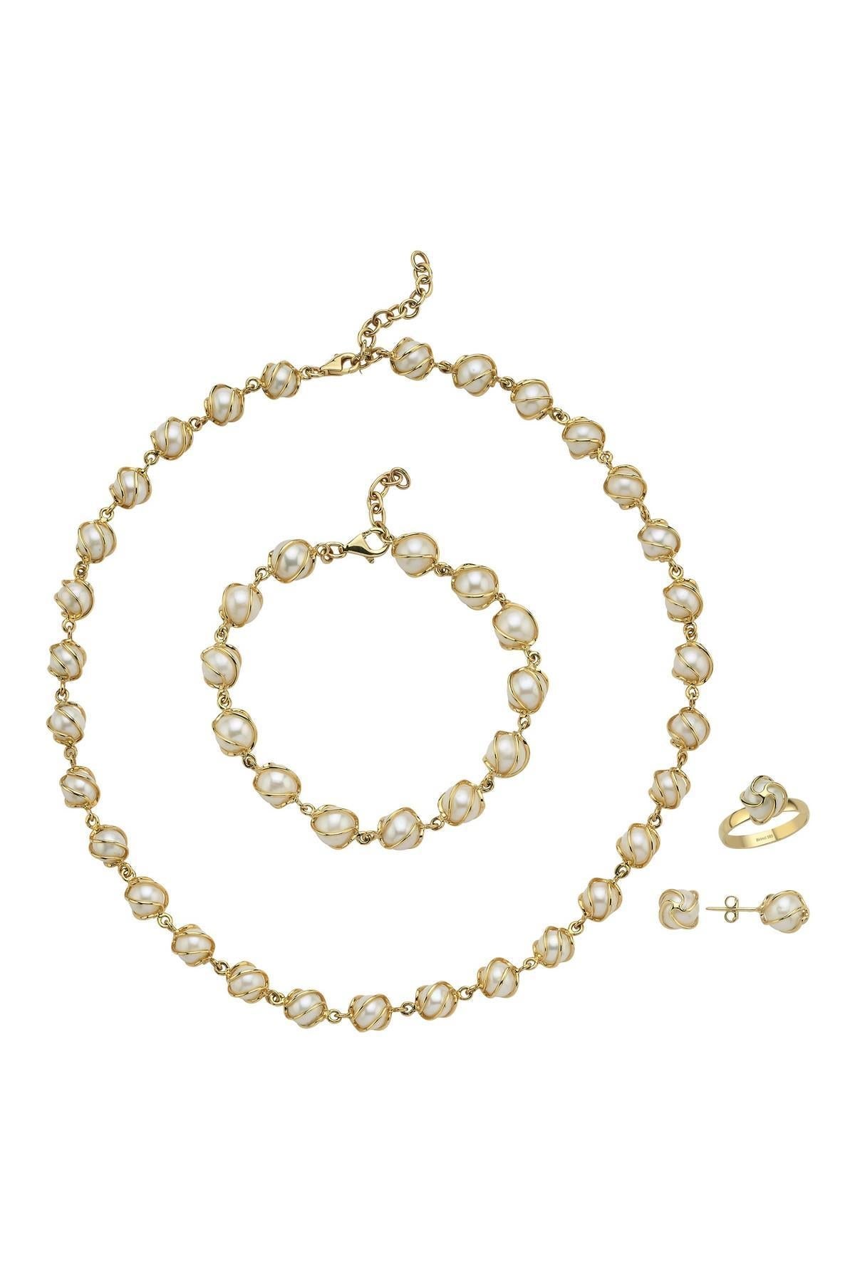 Kafes Doğal İncili Küpe Kolye Bileklik Yüzük Dörtlü Set