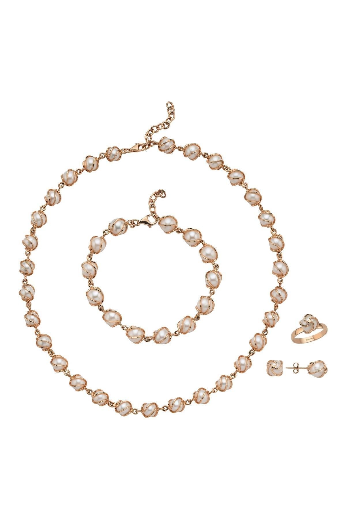 Kafes Doğal İncili Küpe Kolye Bileklik Yüzük Dörtlü Set