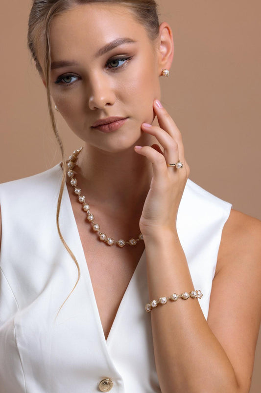 Kafes Doğal İncili Küpe Kolye Bileklik Yüzük Dörtlü Set