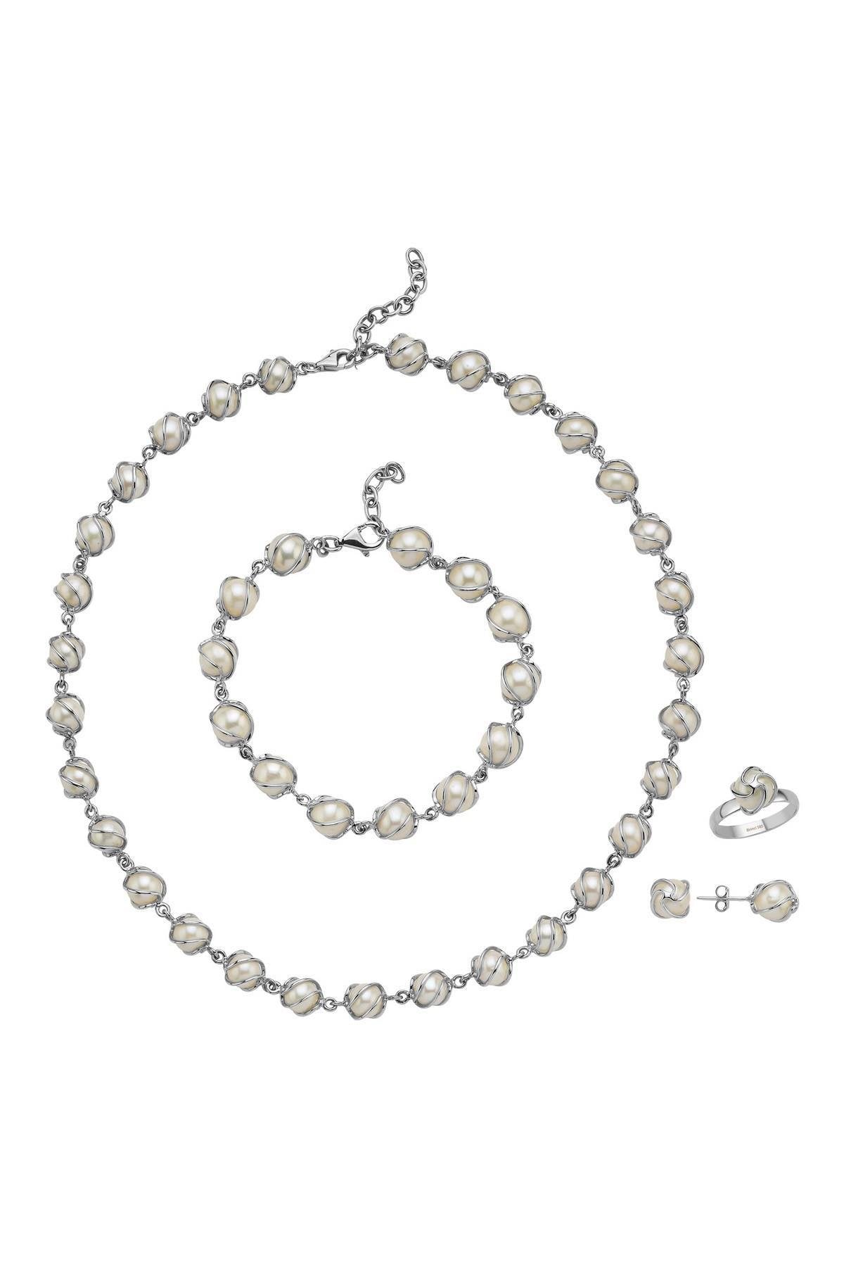 Kafes Doğal İncili Küpe Kolye Bileklik Yüzük Dörtlü Set