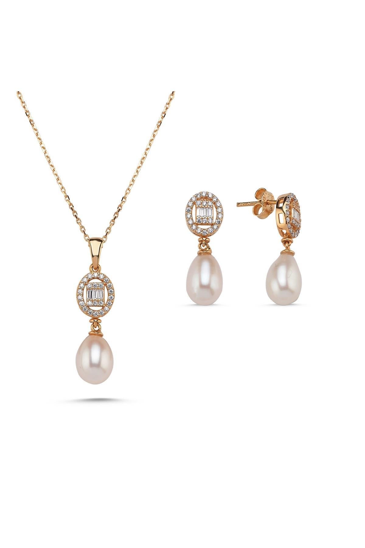 Oval Baget Taşlı Doğal İnci Sallantı Küpe Kolye İkili Set