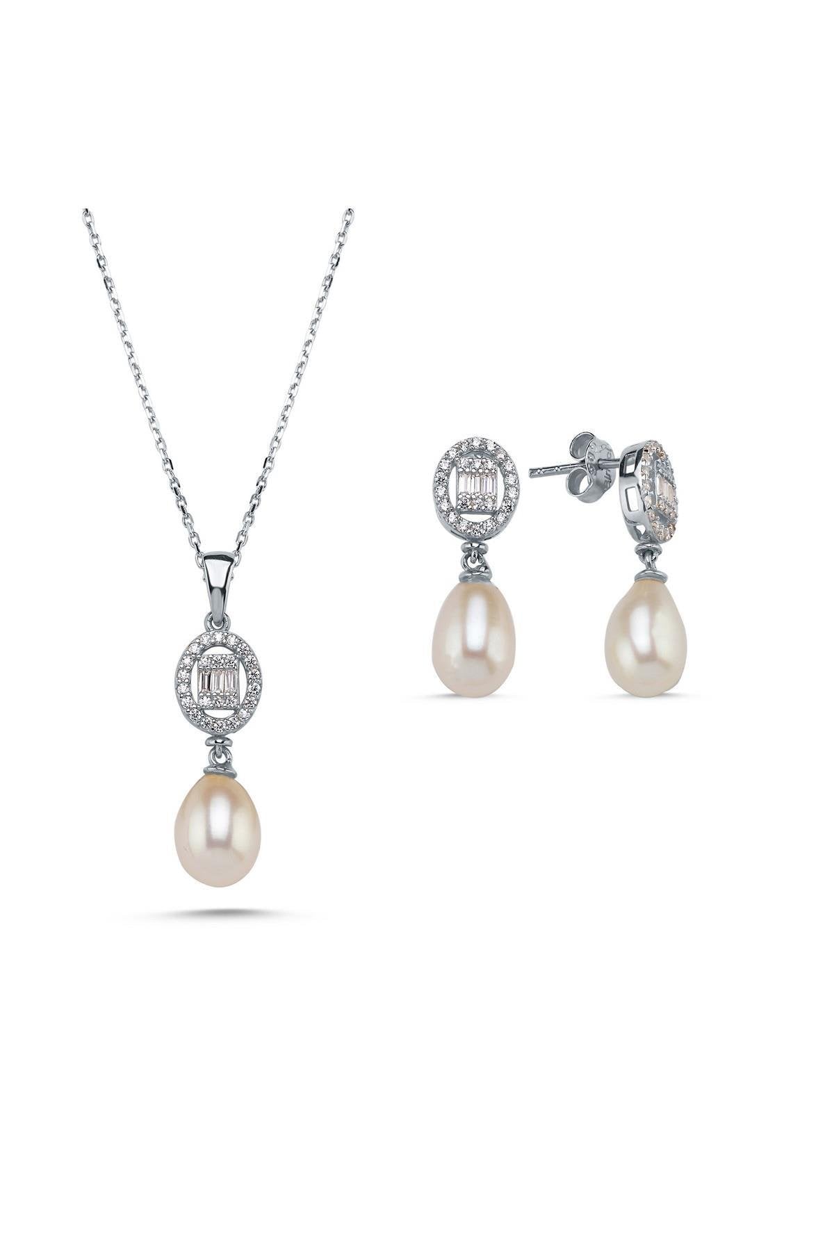 Oval Baget Taşlı Doğal İnci Sallantı Küpe Kolye İkili Set