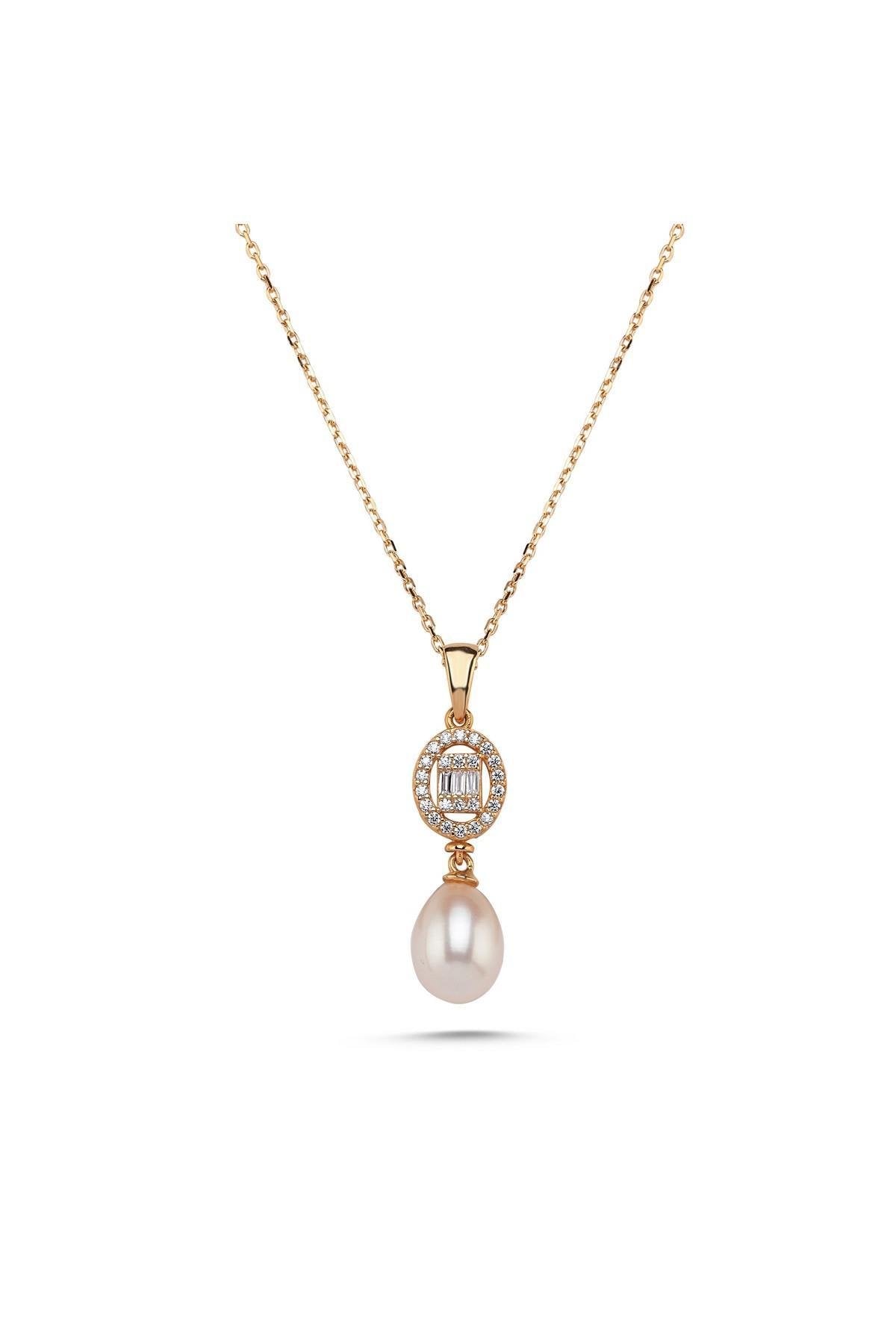 Oval Baget Taşlı Doğal İnci Kolye