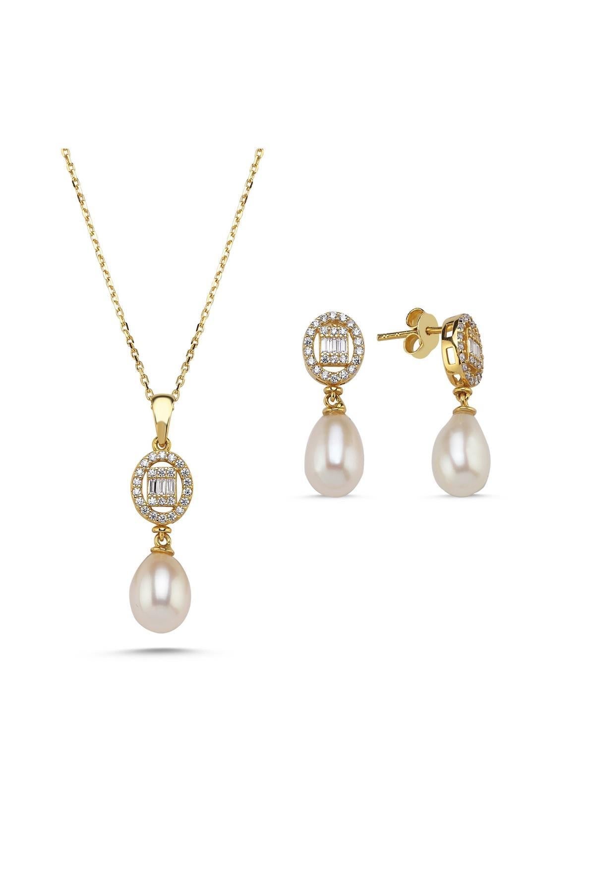 Oval Baget Taşlı Doğal İnci Sallantı Küpe Kolye İkili Set