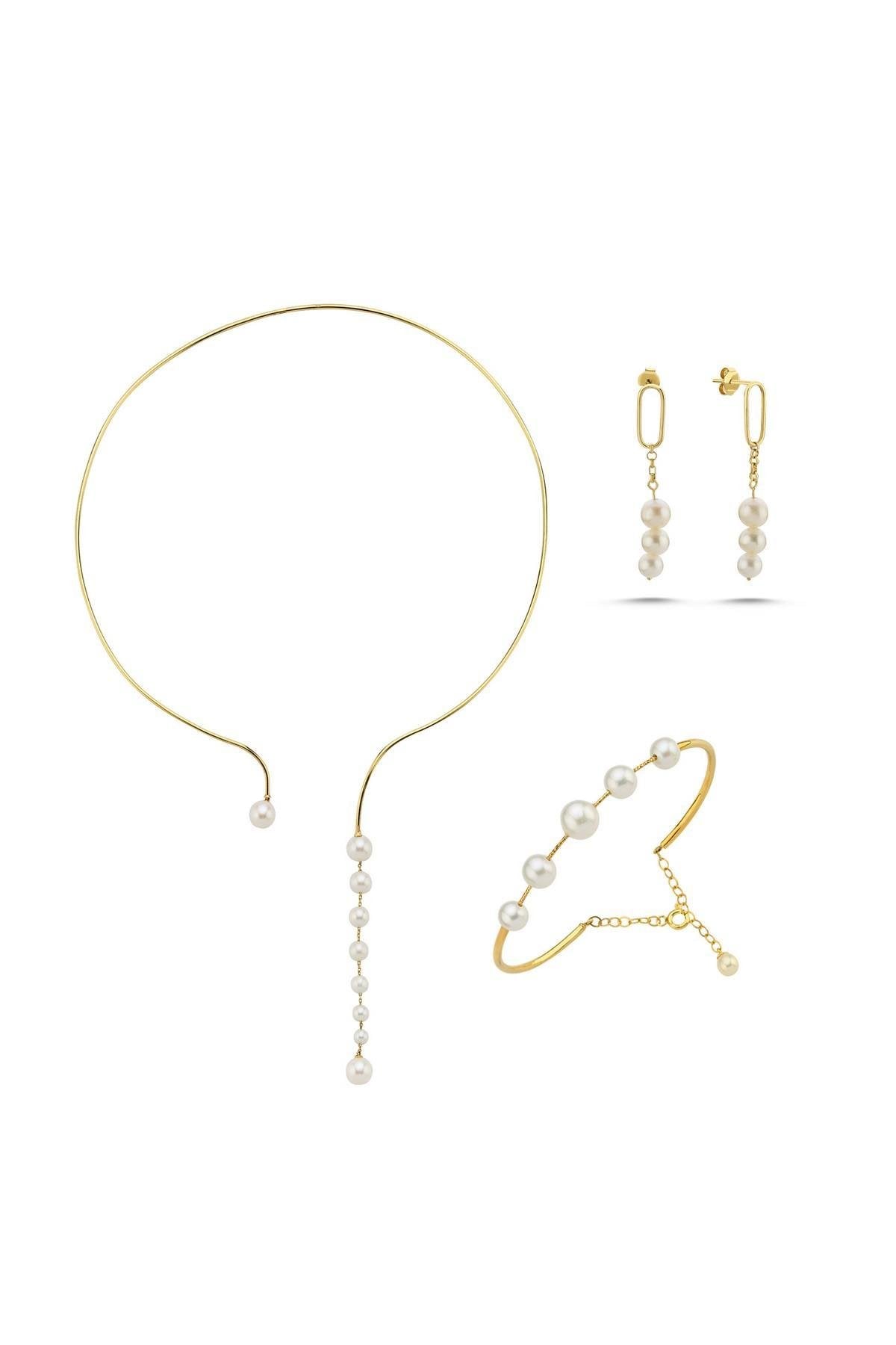 Sallantılı Doğal İnci Küpe Kolye Bileklik Üçlü Set