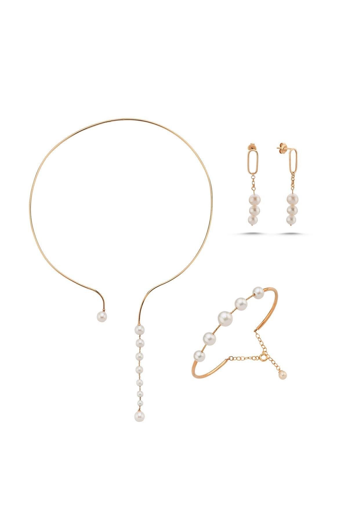 Sallantılı Doğal İnci Küpe Kolye Bileklik Üçlü Set