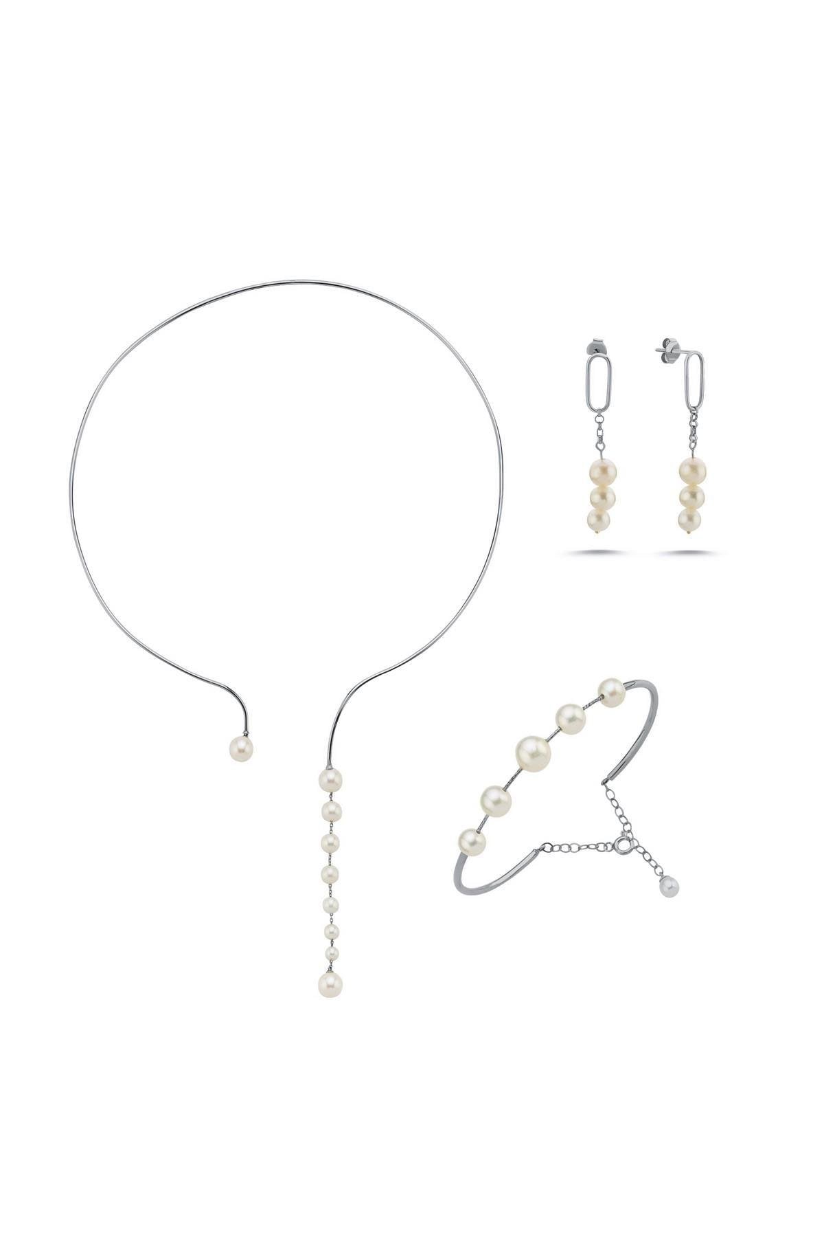 Sallantılı Doğal İnci Küpe Kolye Bileklik Üçlü Set