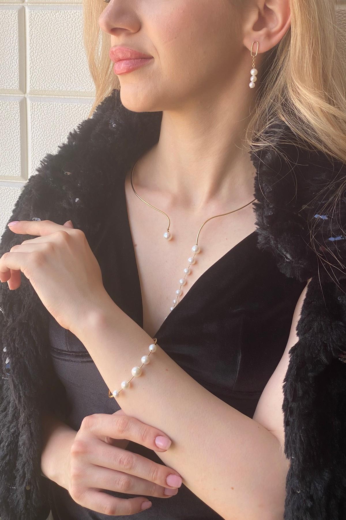 Sallantılı Doğal İnci Küpe Kolye Bileklik Üçlü Set