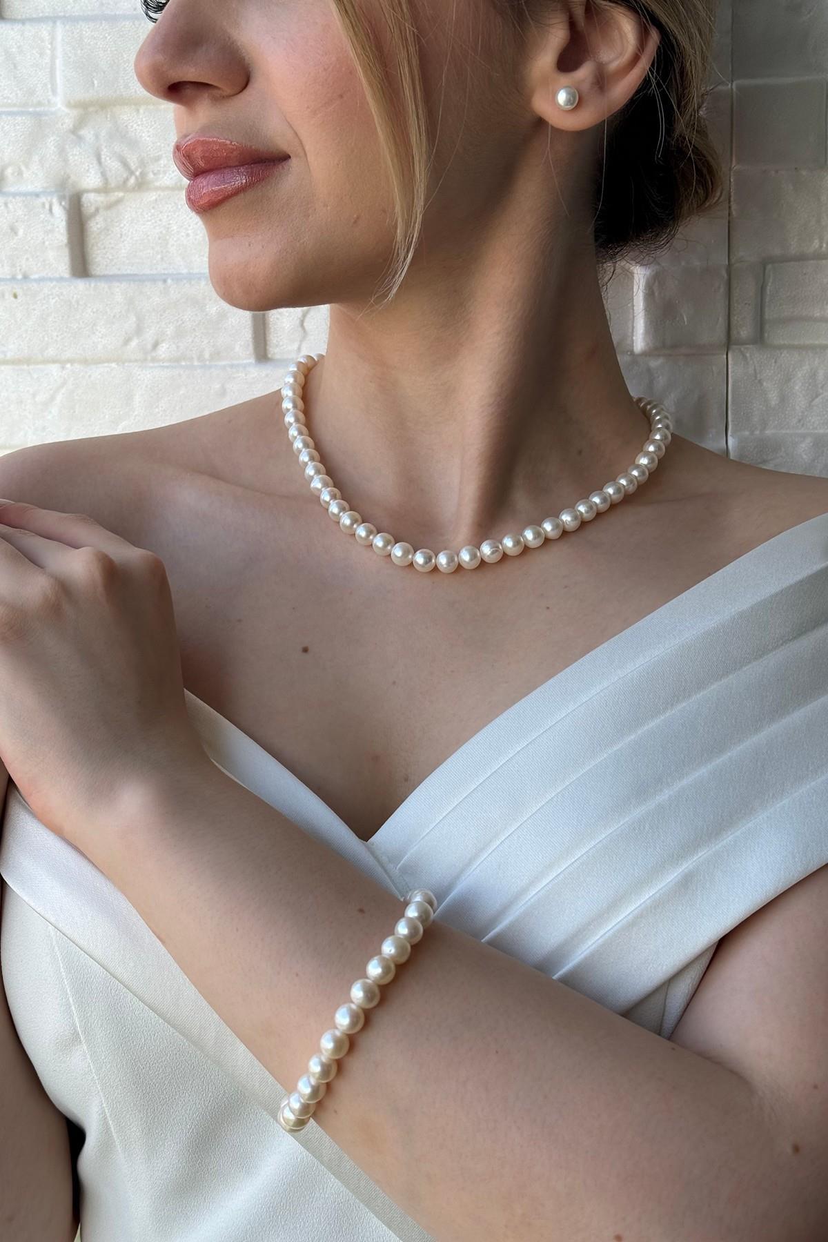 Sıralı Doğal İnci Kolye Bileklik Küpe Üçlü Set