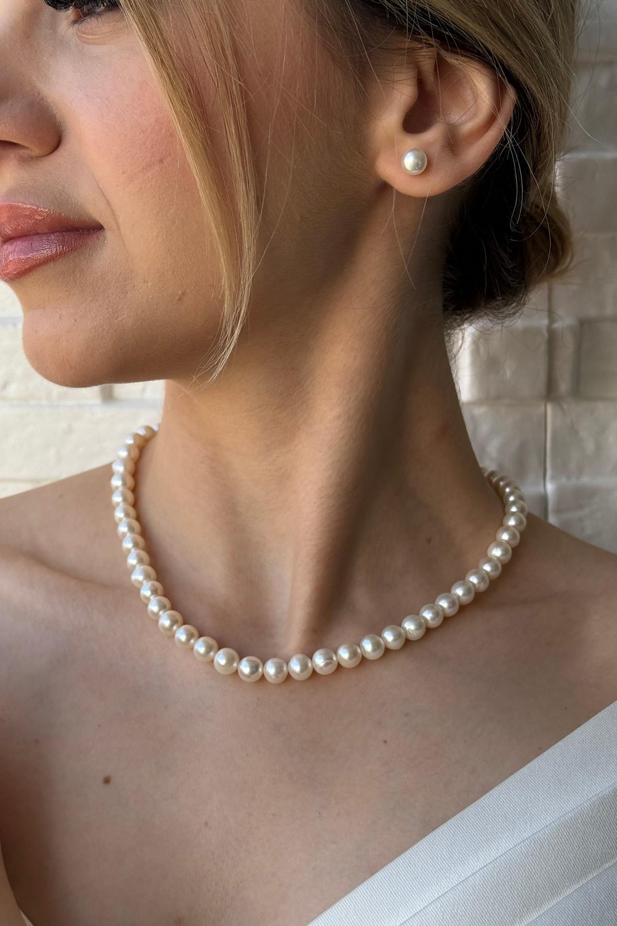 Sıralı Doğal İnci Kolye Bileklik Küpe Üçlü Set