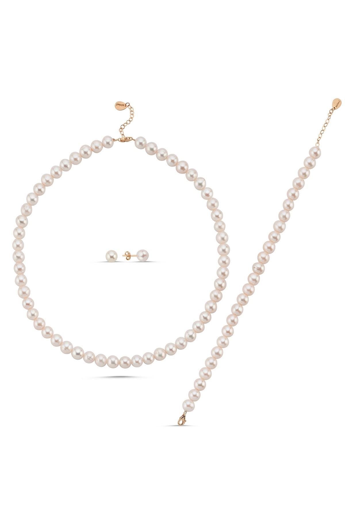 Sıralı Doğal İnci Kolye Bileklik Küpe Üçlü Set