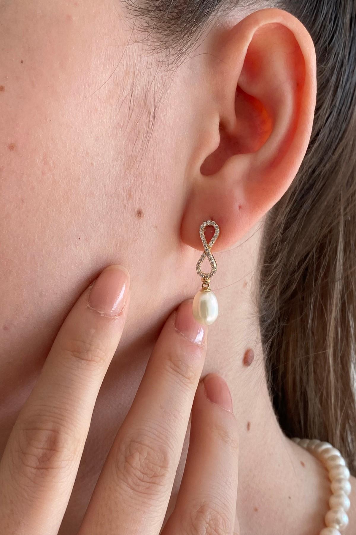 Sonsuzluk Taşlı Doğal İnci Küpe Kolye Bileklik Üçlü Set