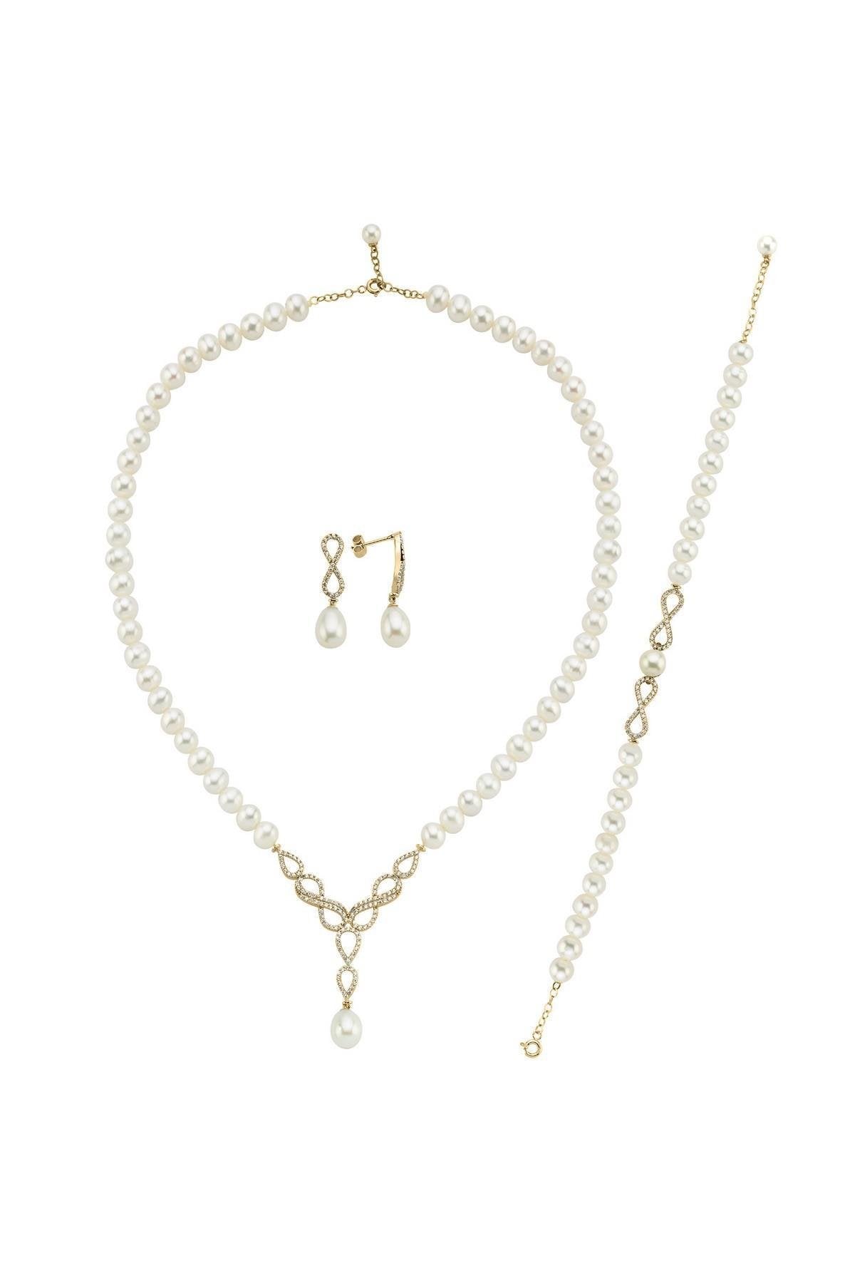 Sonsuzluk Taşlı Doğal İncili Küpe Kolye Bileklik Üçlü Set