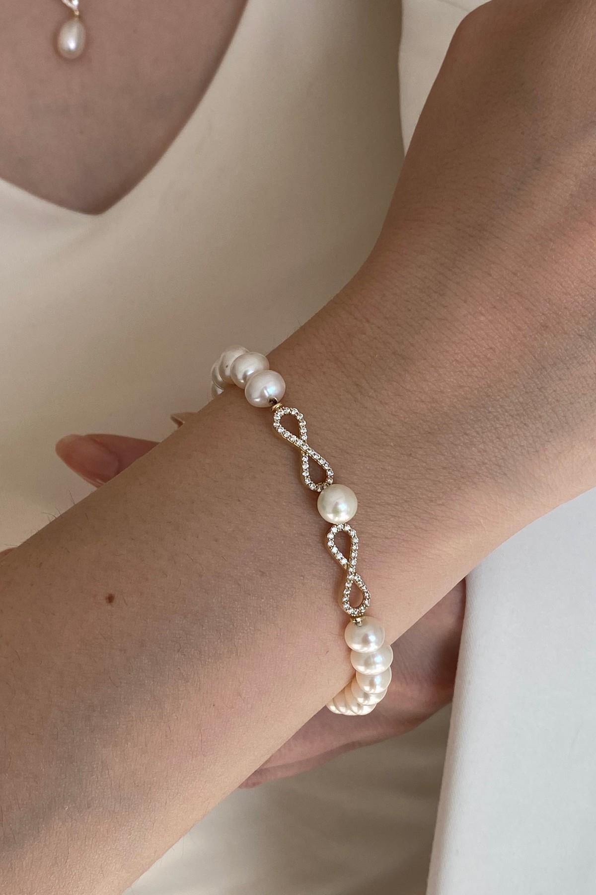 Sonsuzluk Taşlı Doğal İnci Küpe Kolye Bileklik Üçlü Set