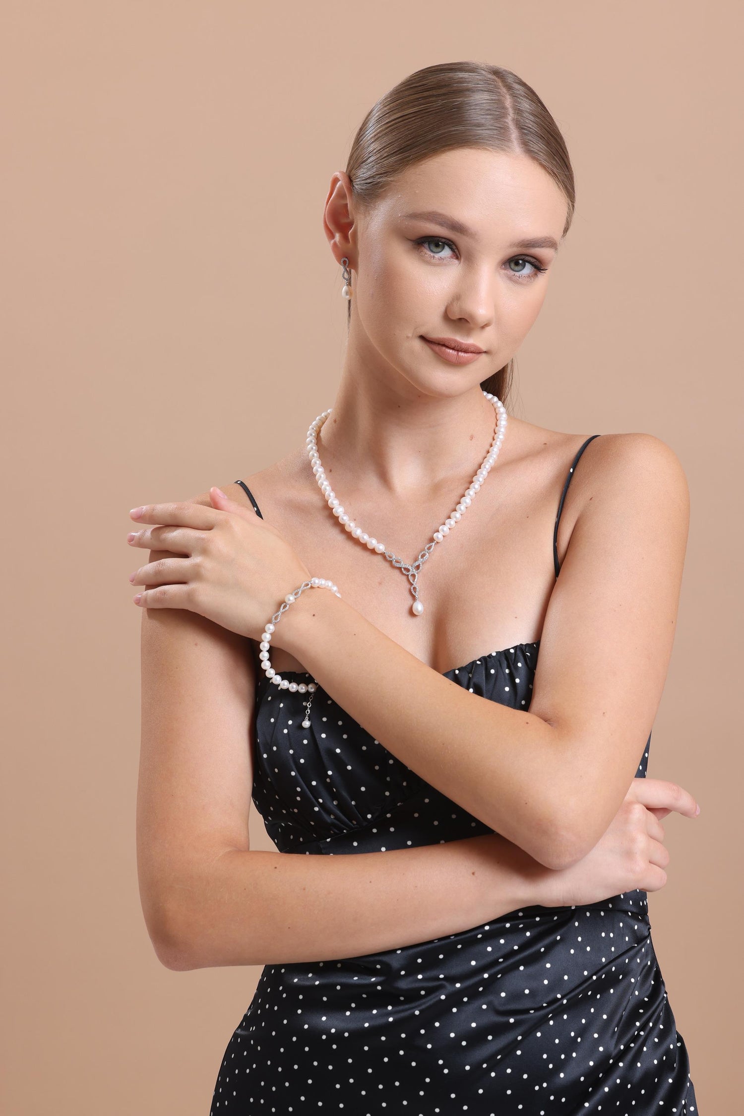 Sonsuzluk Taşlı Doğal İncili Küpe Kolye Bileklik Üçlü Set