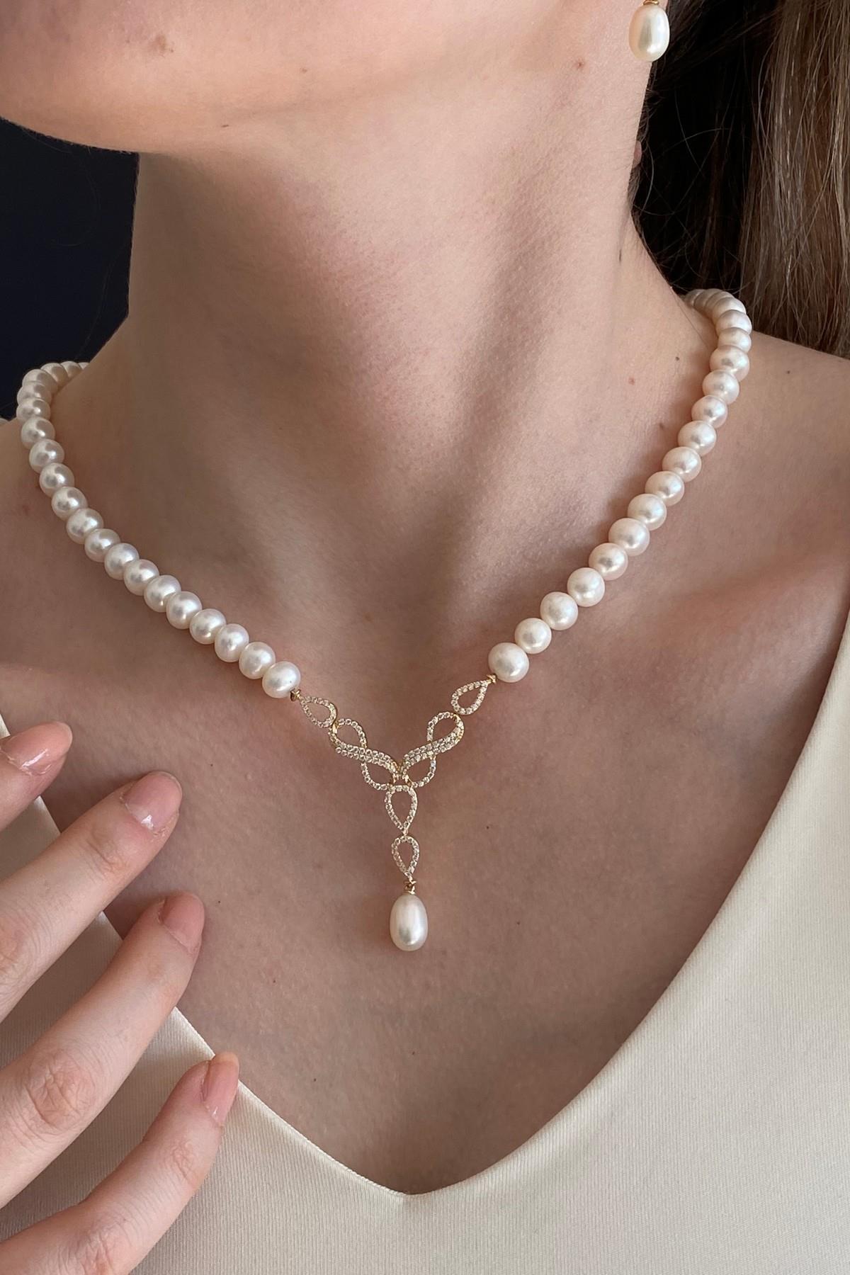 Sonsuzluk Taşlı Doğal İnci Küpe Kolye Bileklik Üçlü Set