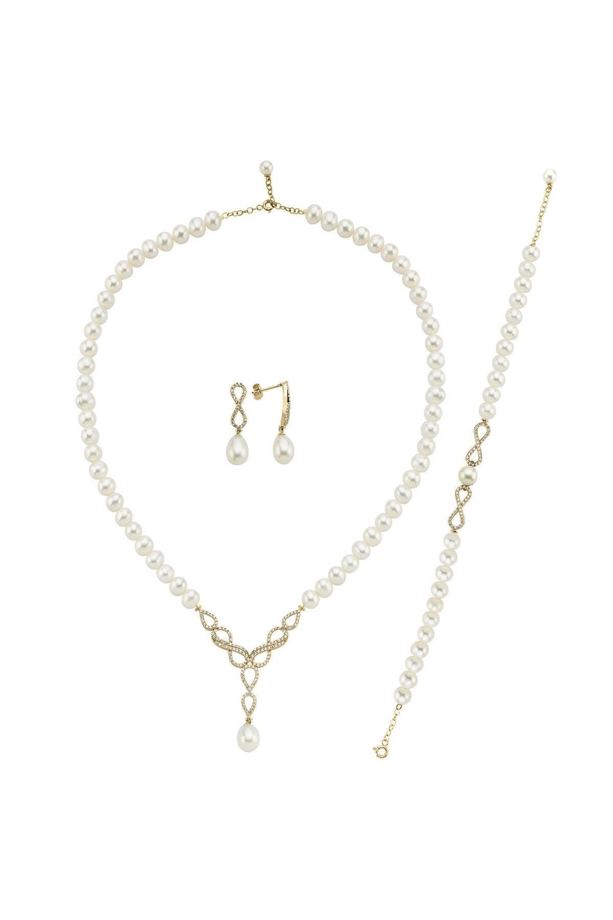 Sonsuzluk Taşlı Doğal İnci Küpe Kolye Bileklik Üçlü Set