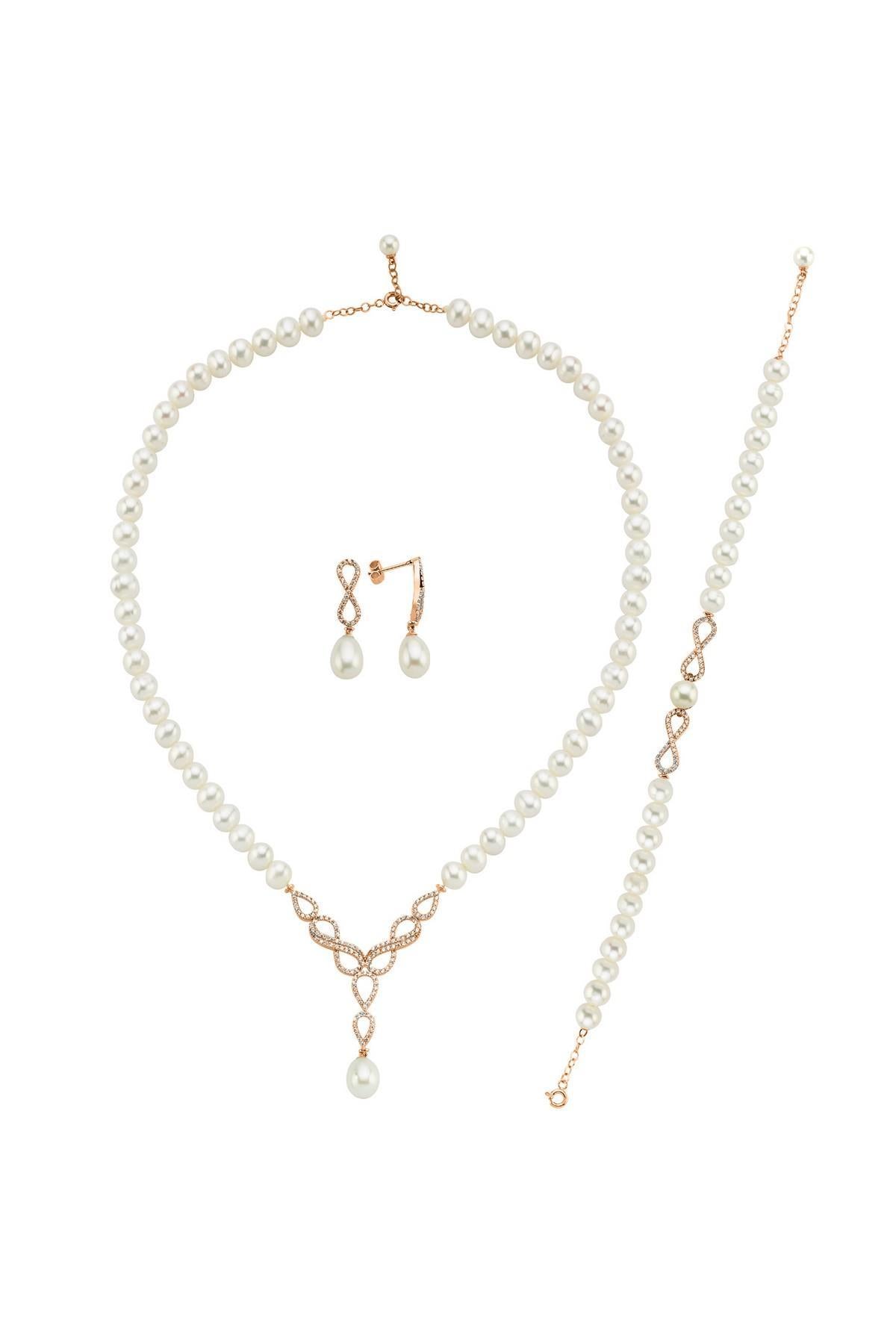 Sonsuzluk Taşlı Doğal İnci Küpe Kolye Bileklik Üçlü Set