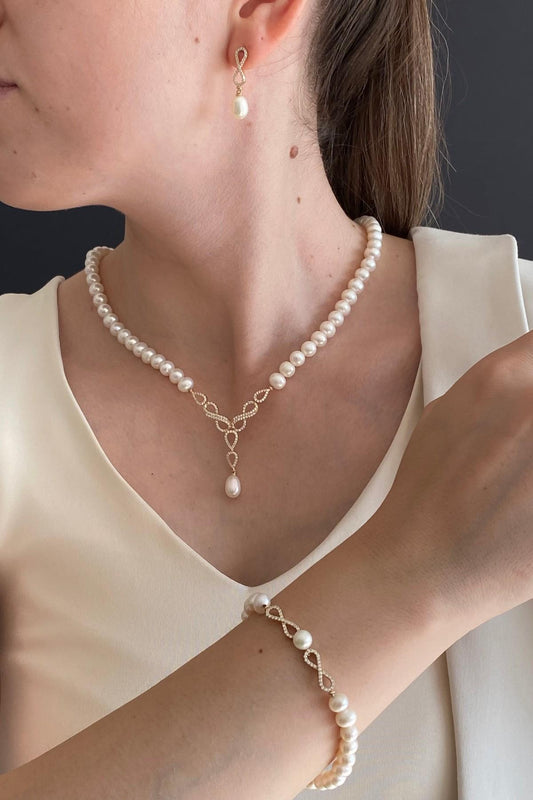 Sonsuzluk Taşlı Doğal İnci Küpe Kolye Bileklik Üçlü Set