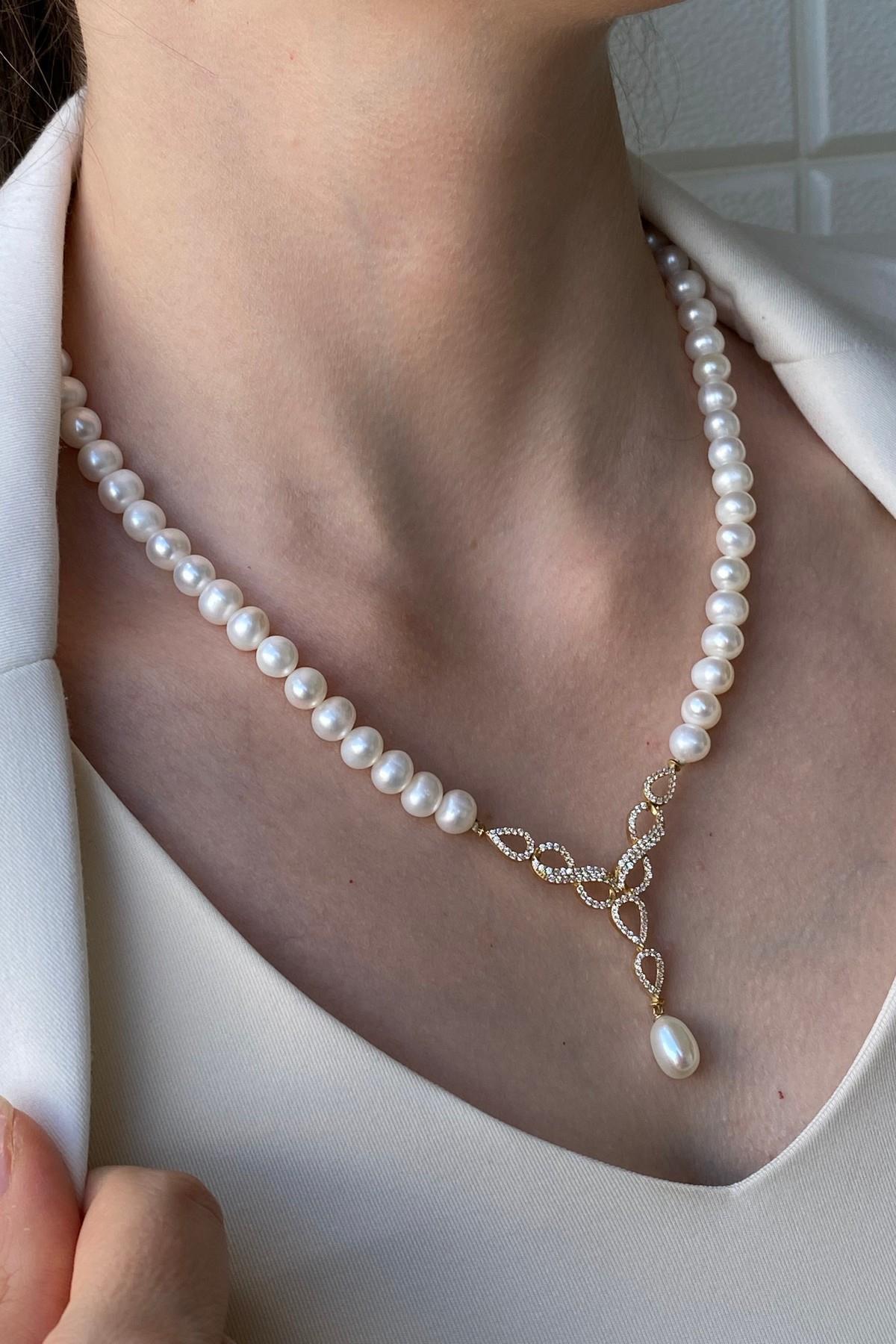 Sonsuzluk Taşlı Doğal İnci Sallantılı Kolye