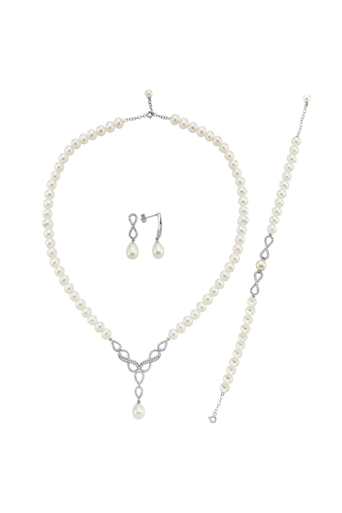 Sonsuzluk Taşlı Doğal İnci Küpe Kolye Bileklik Üçlü Set