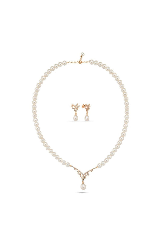 Taşlı Doğal İnci Sallantılı Küpe Kolye İkili Set