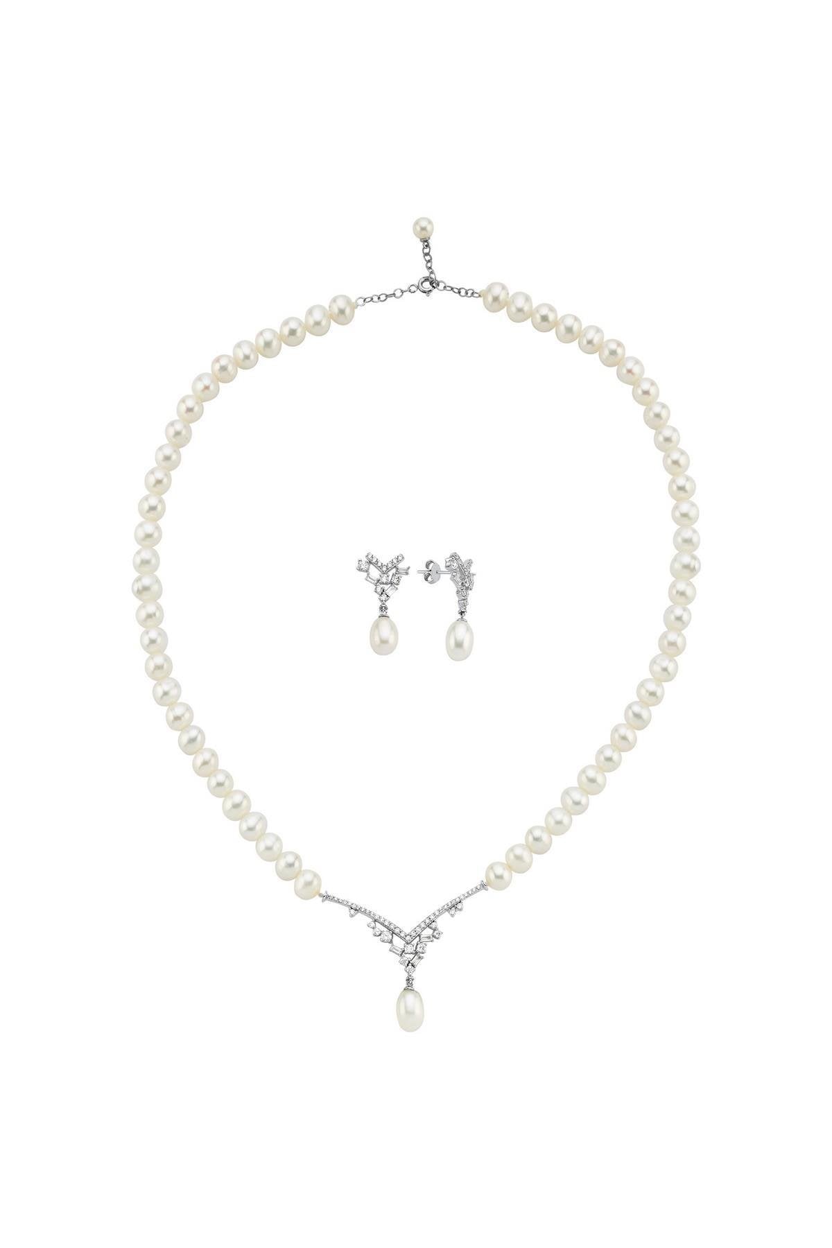 Taşlı Doğal İnci Sallantılı Küpe Kolye İkili Set