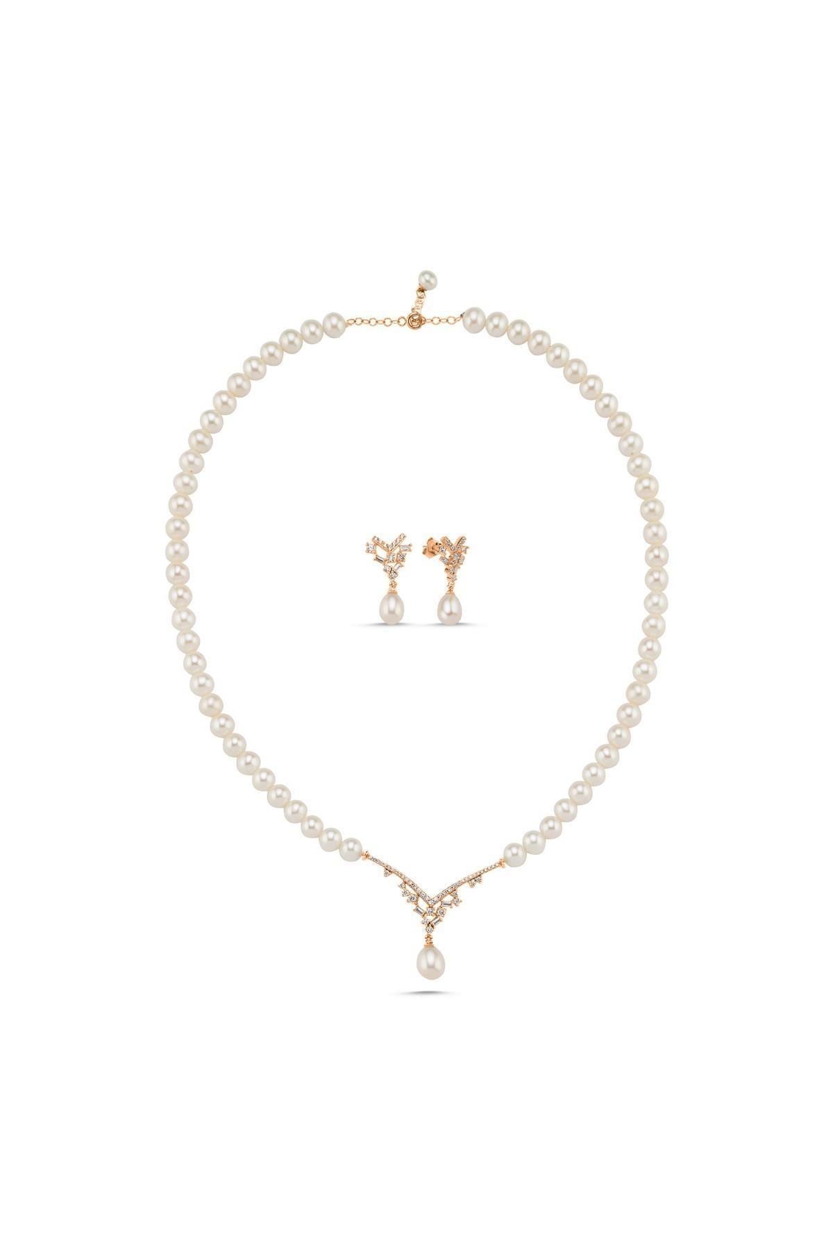 Taşlı Doğal İnci Sallantılı Küpe Kolye İkili Set