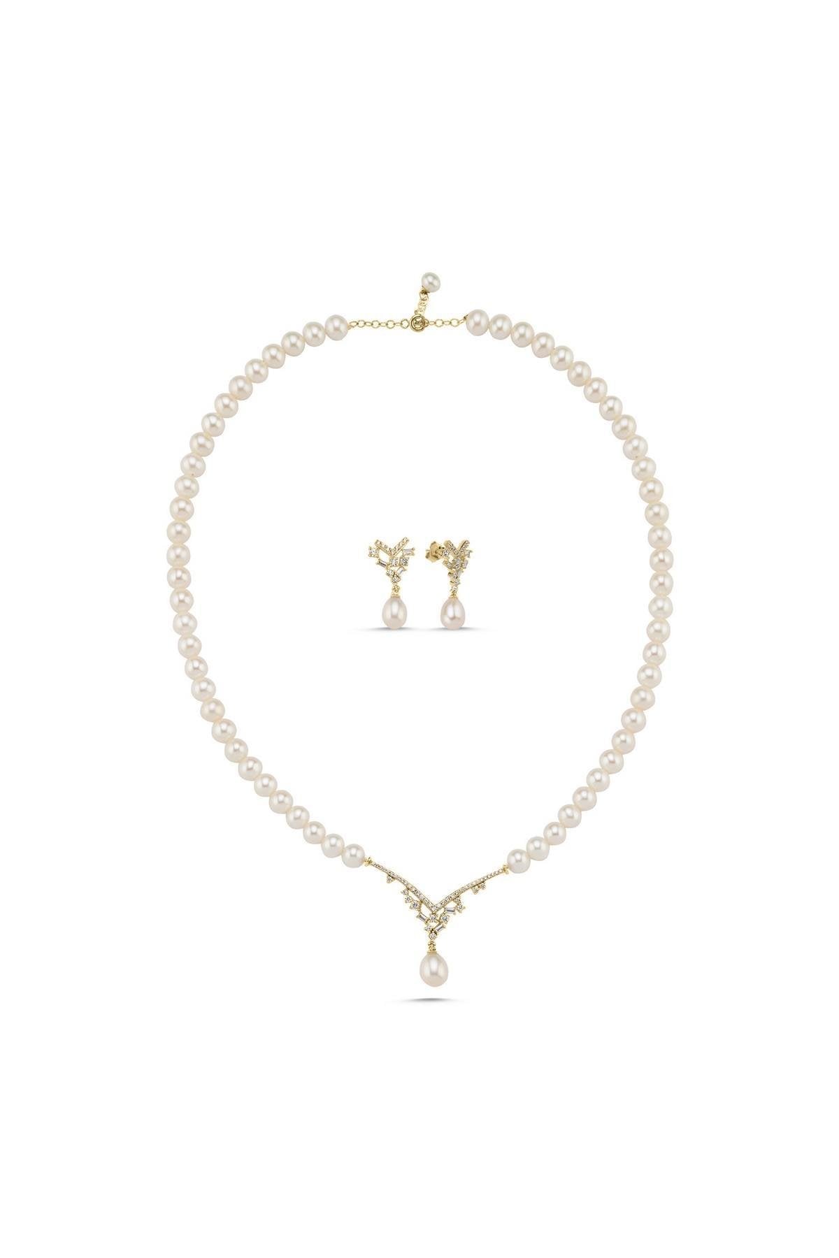 Taşlı Doğal İnci Sallantılı Küpe Kolye İkili Set