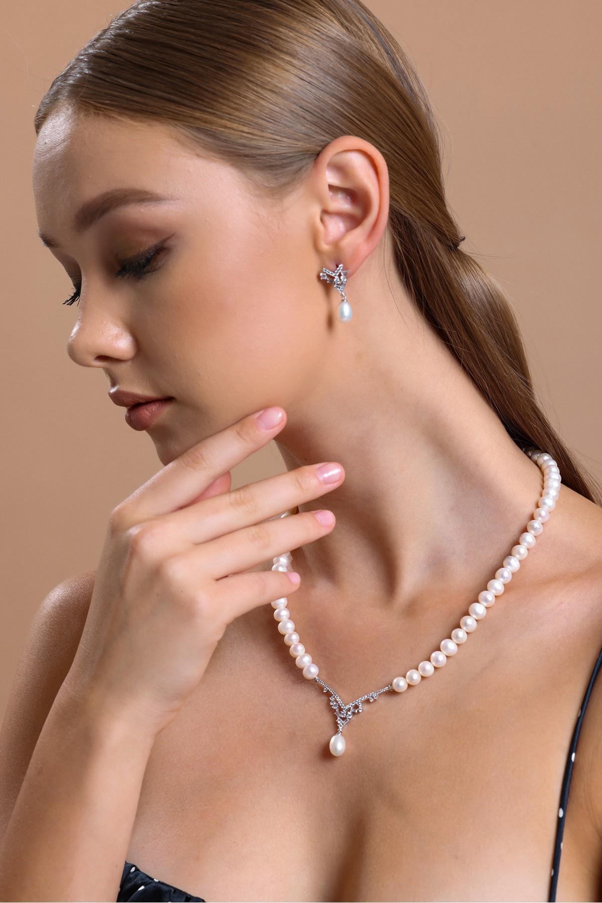 Taşlı Doğal İnci Sallantılı Küpe Kolye İkili Set