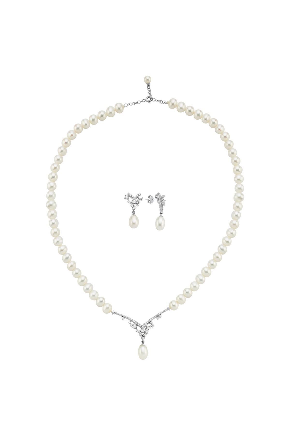 Taşlı Doğal İnci Sallantılı Küpe Kolye İkili Set