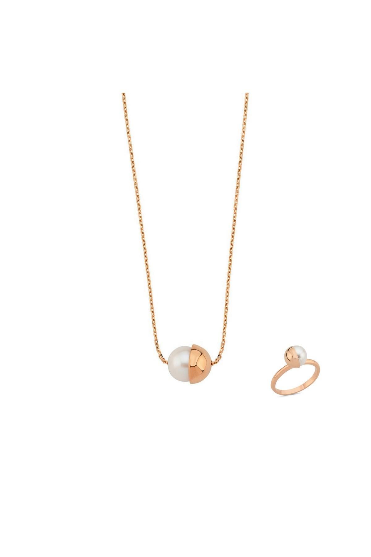 Tek Doğal İnci Kolye Yüzük İkili Set