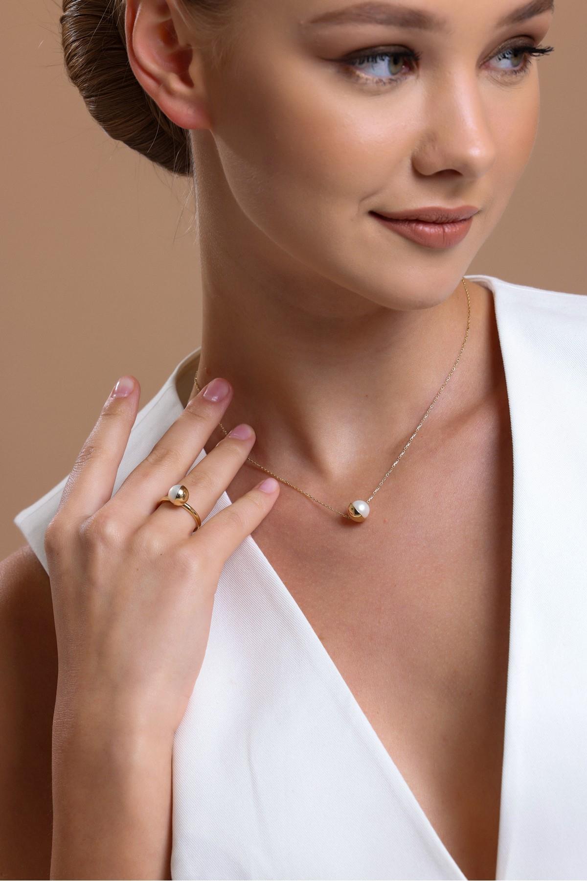 Tek Doğal İnci Kolye Yüzük İkili Set