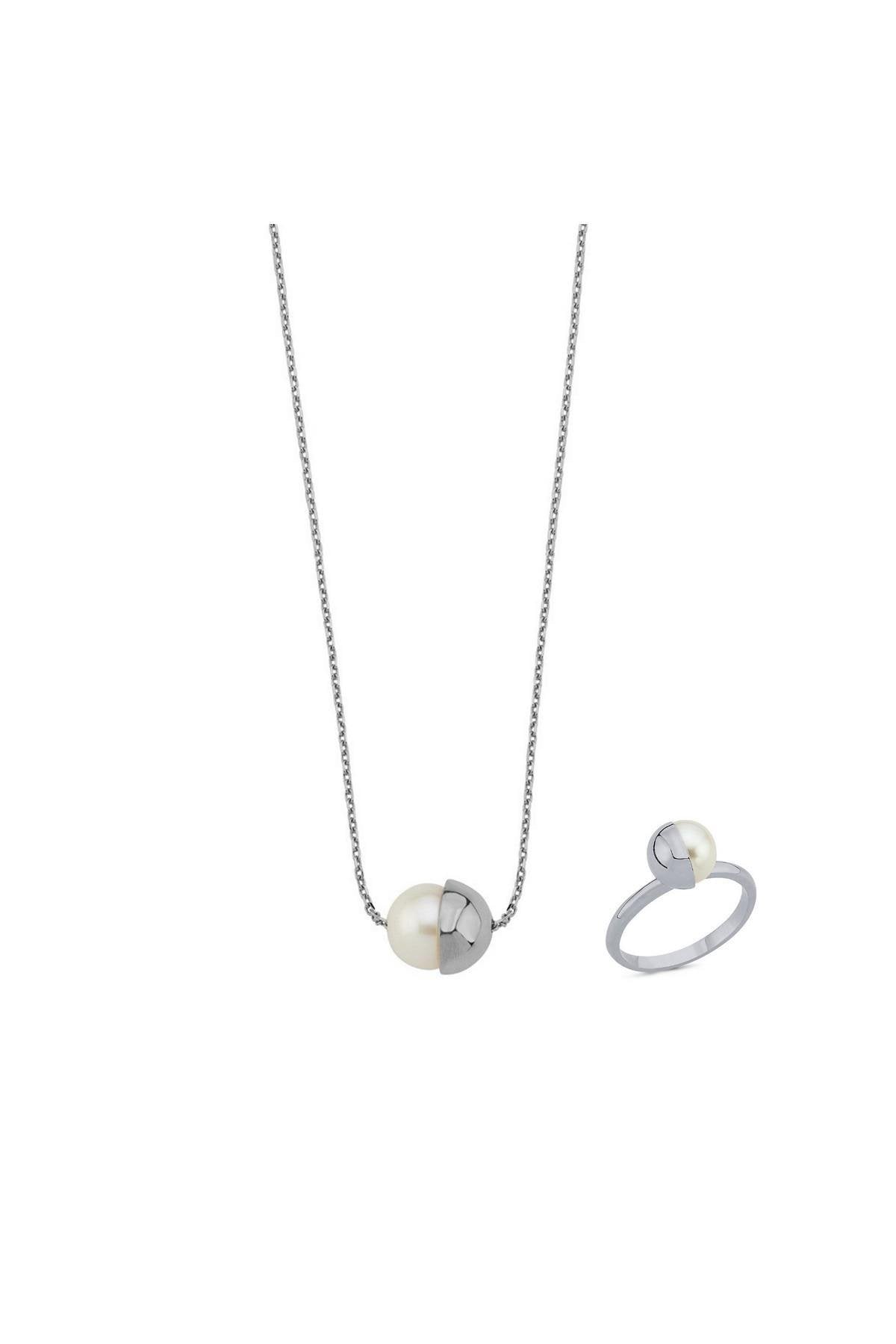 Tek Doğal İnci Kolye Yüzük İkili Set