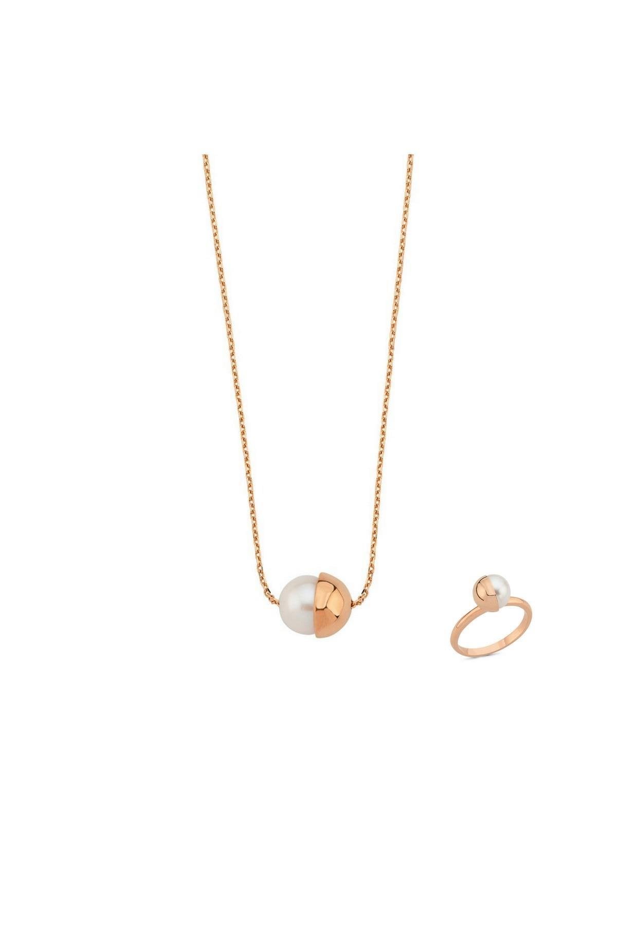 Tek Doğal İnci Kolye Yüzük İkili Set
