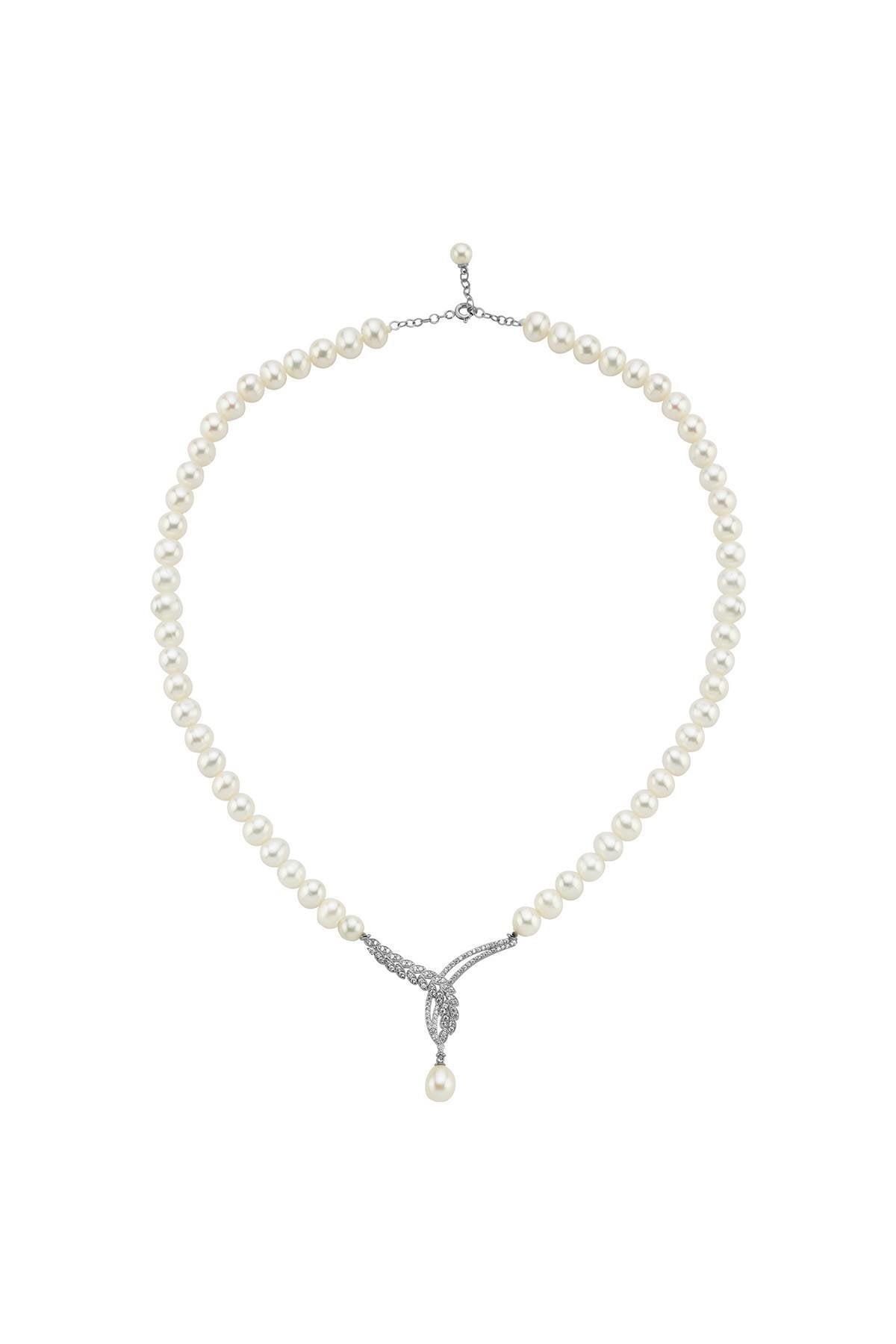 Yaprak Detay Taşlı Doğal İnci Kolye