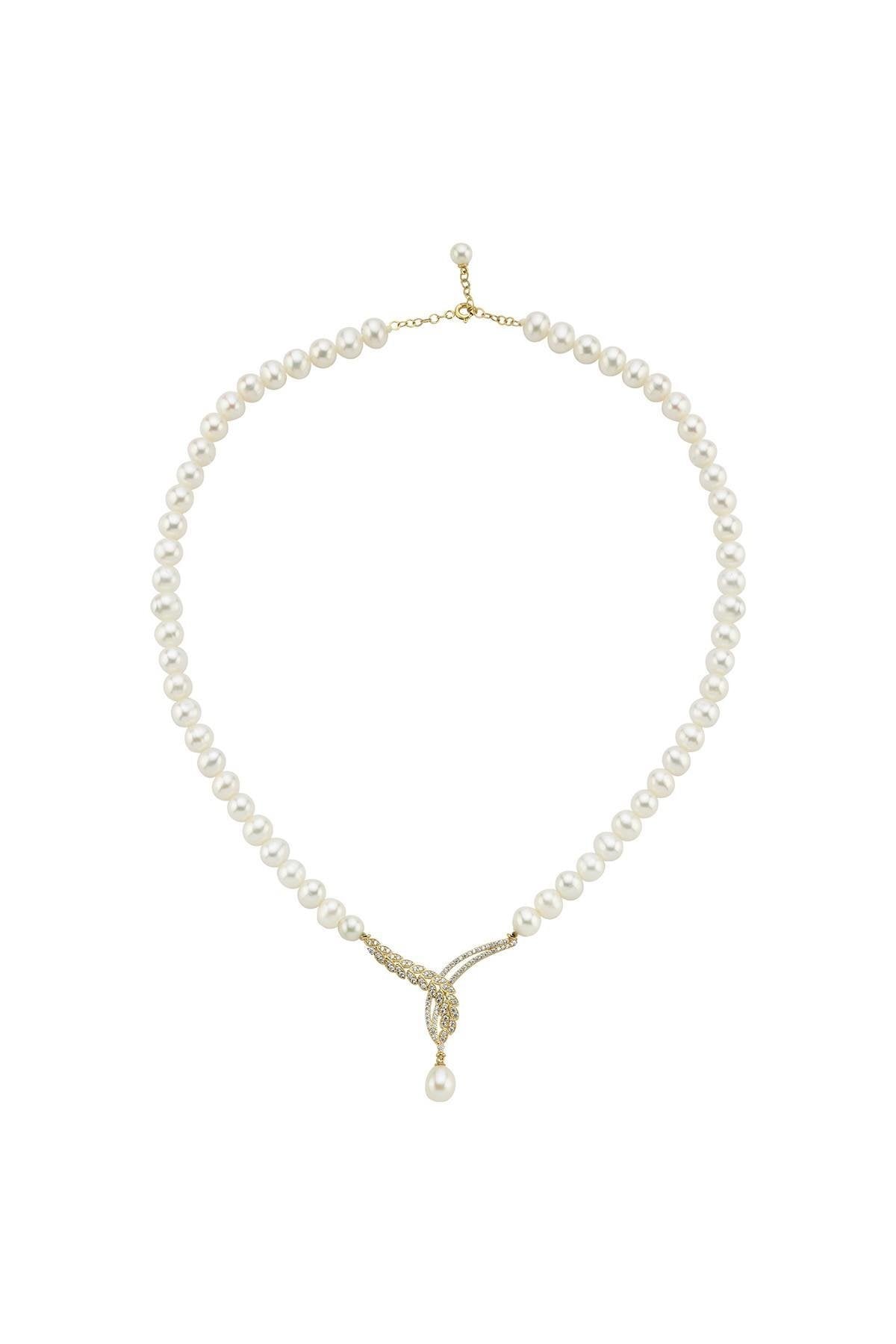 Yaprak Detay Taşlı Doğal İnci Kolye