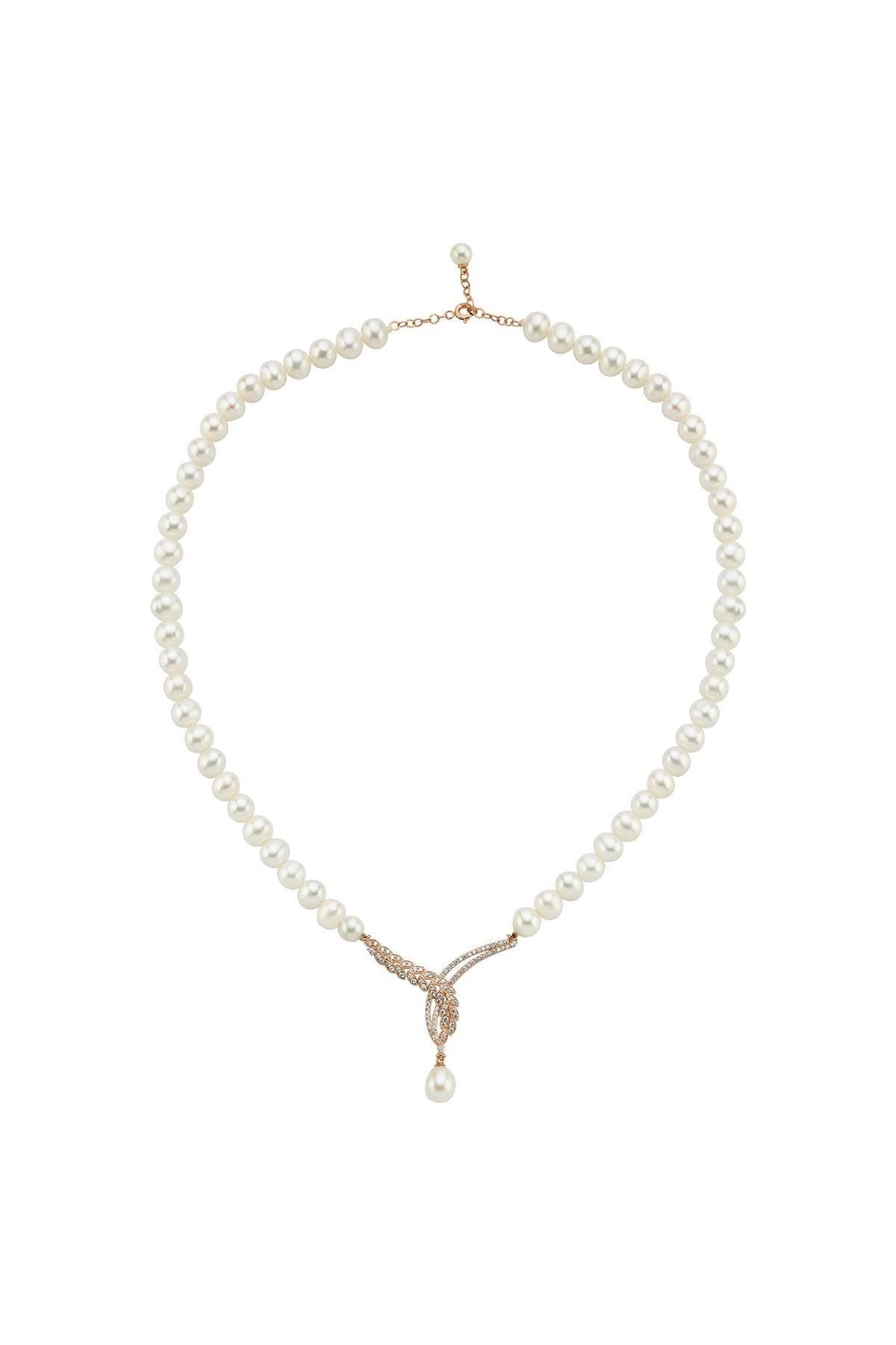 Yaprak Detay Taşlı Doğal İnci Kolye