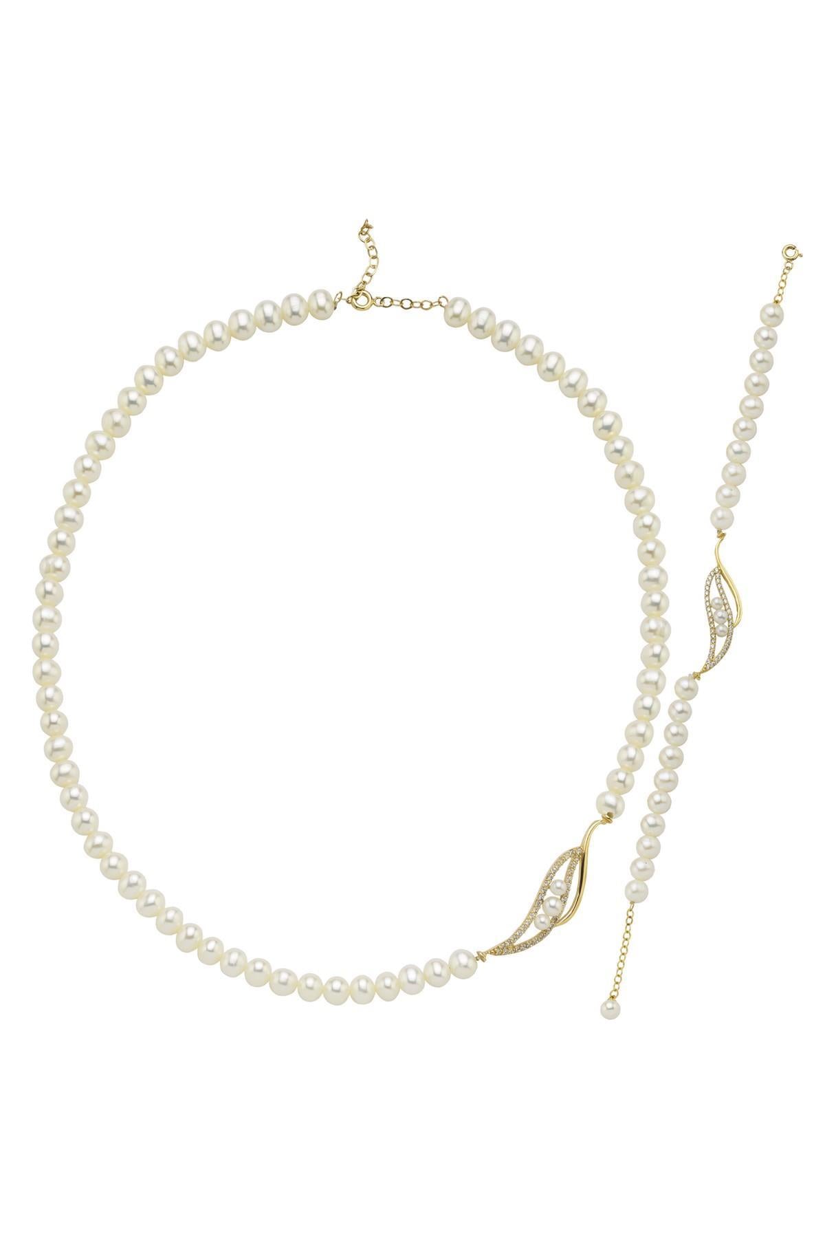 Yaprak Taşlı Doğal İnci Kolye Bileklik İkili Set