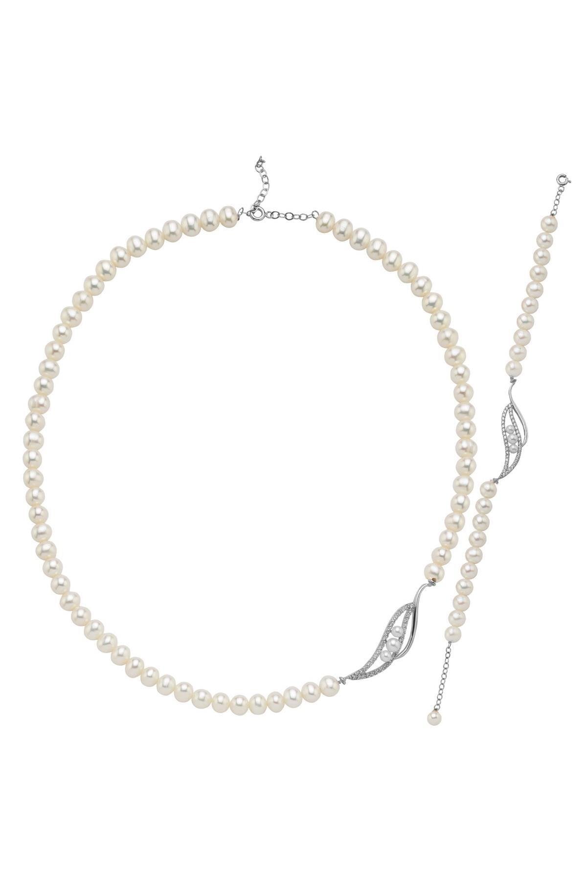 Yaprak Taşlı Doğal İnci Kolye Bileklik İkili Set