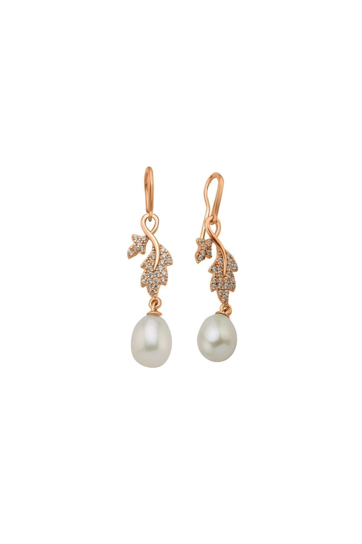 Yaprak Taşlı Doğal İnci Sallantılı Küpe