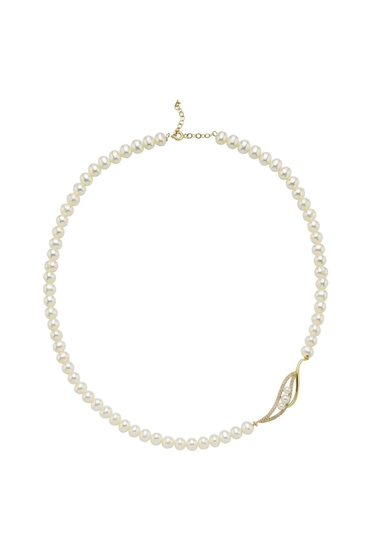 Yaprak Taşlı Doğal İnci Kolye