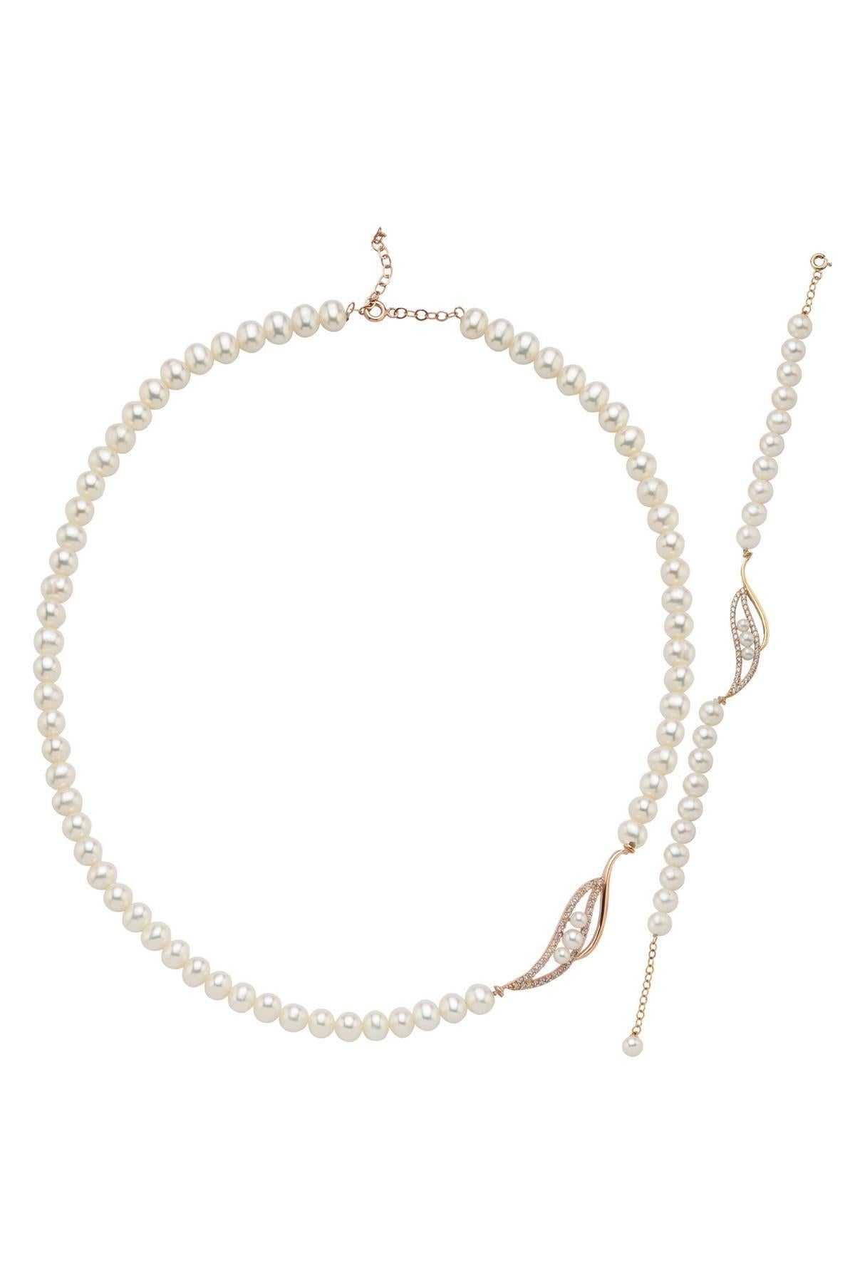 Yaprak Taşlı Doğal İnci Kolye Bileklik İkili Set